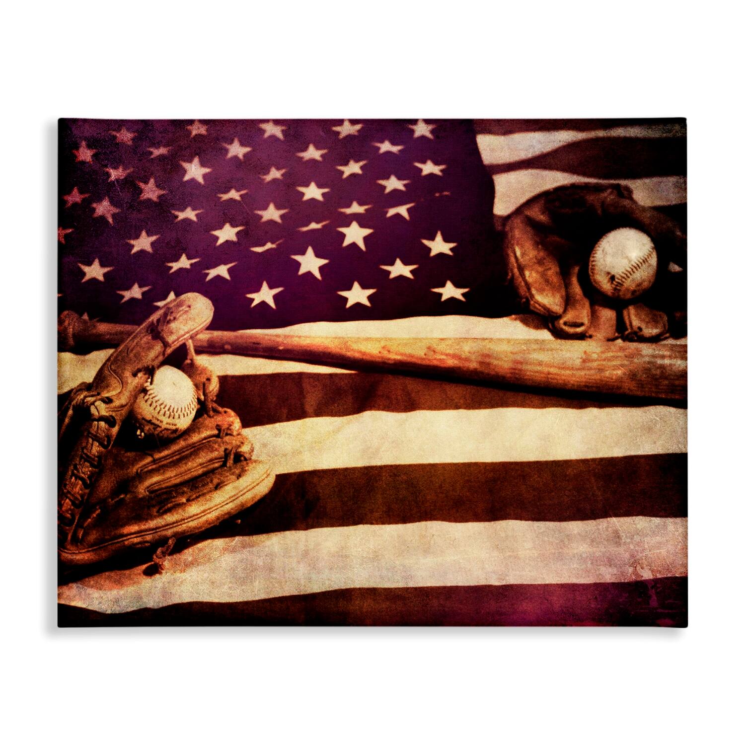 Stupell Industries American Flag Stripes Stars Baseball Mitt Sports Motif Canvas Wall Art