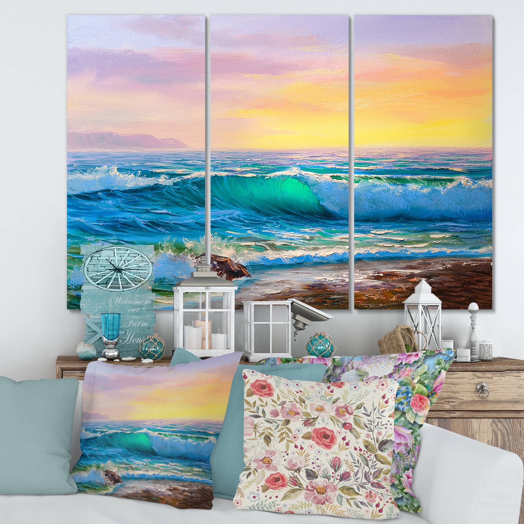 Designart - Blue Waves Breaking At The Beach IV - Nautical & Coastal Canvas Wall Art Print