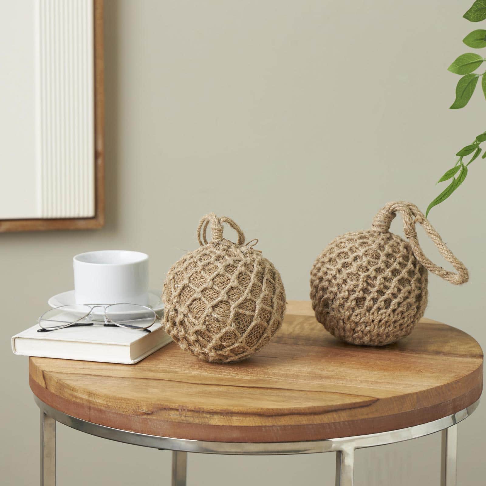 Brown Handmade Woven Knotted Rope & Cement Orb Sculpture with Handles Set