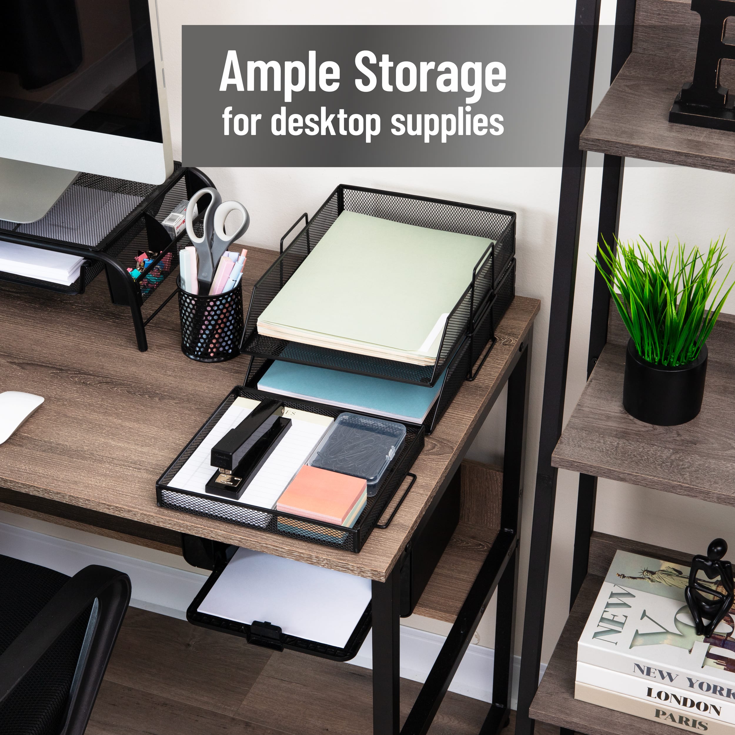 Mind Reader 2 Tier Paper Tray with Top Supply Compartment, Desktop File Organizer, Metal Mesh, Black