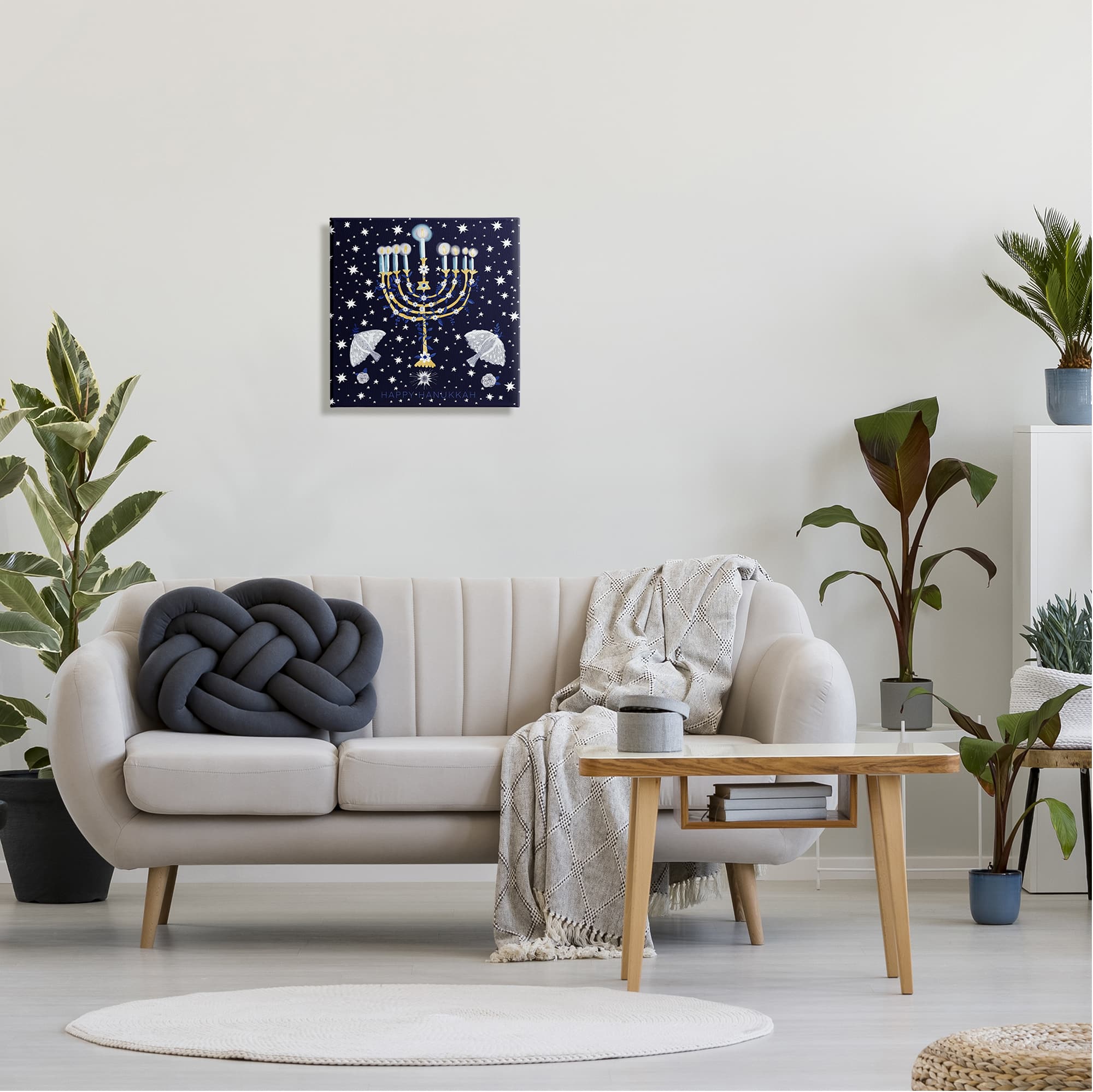 Stupell Industries Happy Hanukkah Starry Menorah Canvas Wall Art