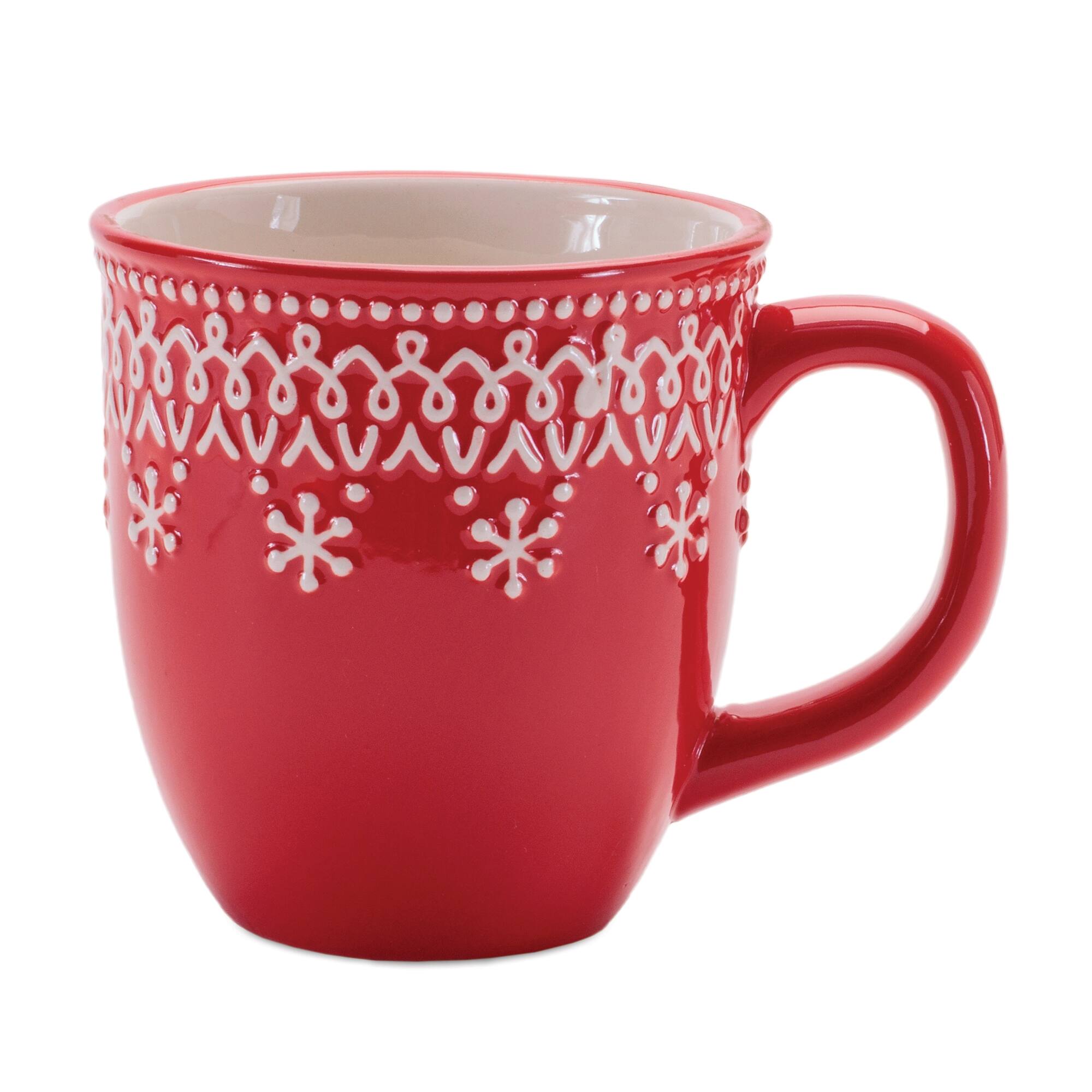 Melrose 4.75" Red & White Embossed Ceramic Snowflake Mugs, 6ct.