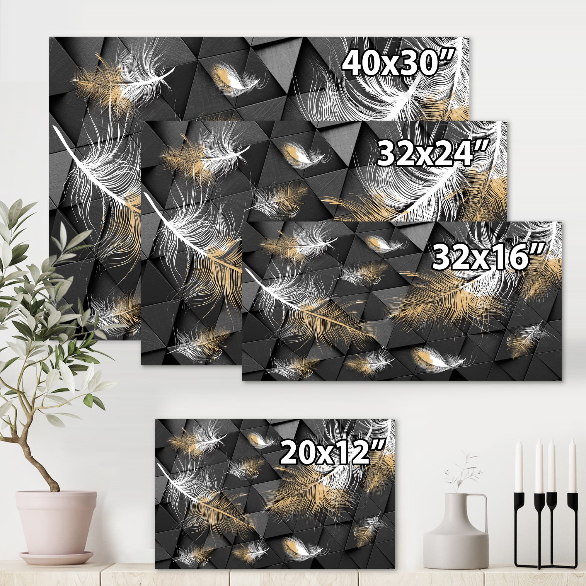 Designart - White and Gold Feathers On Triangular