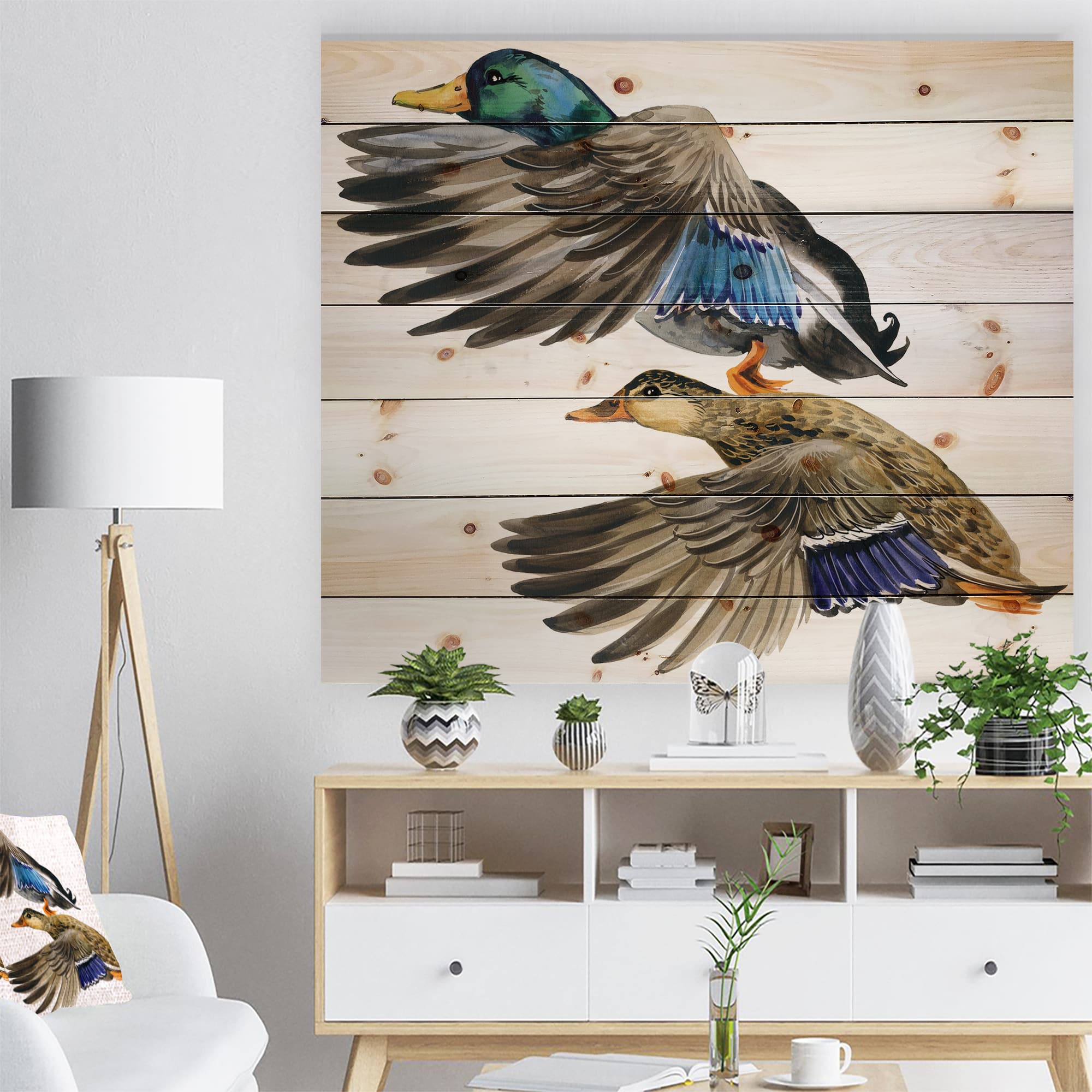 Designart - Colored Duck isolated on white background - Sketch of Farmhouse Animals of Painting Print on Natural Pine Wood