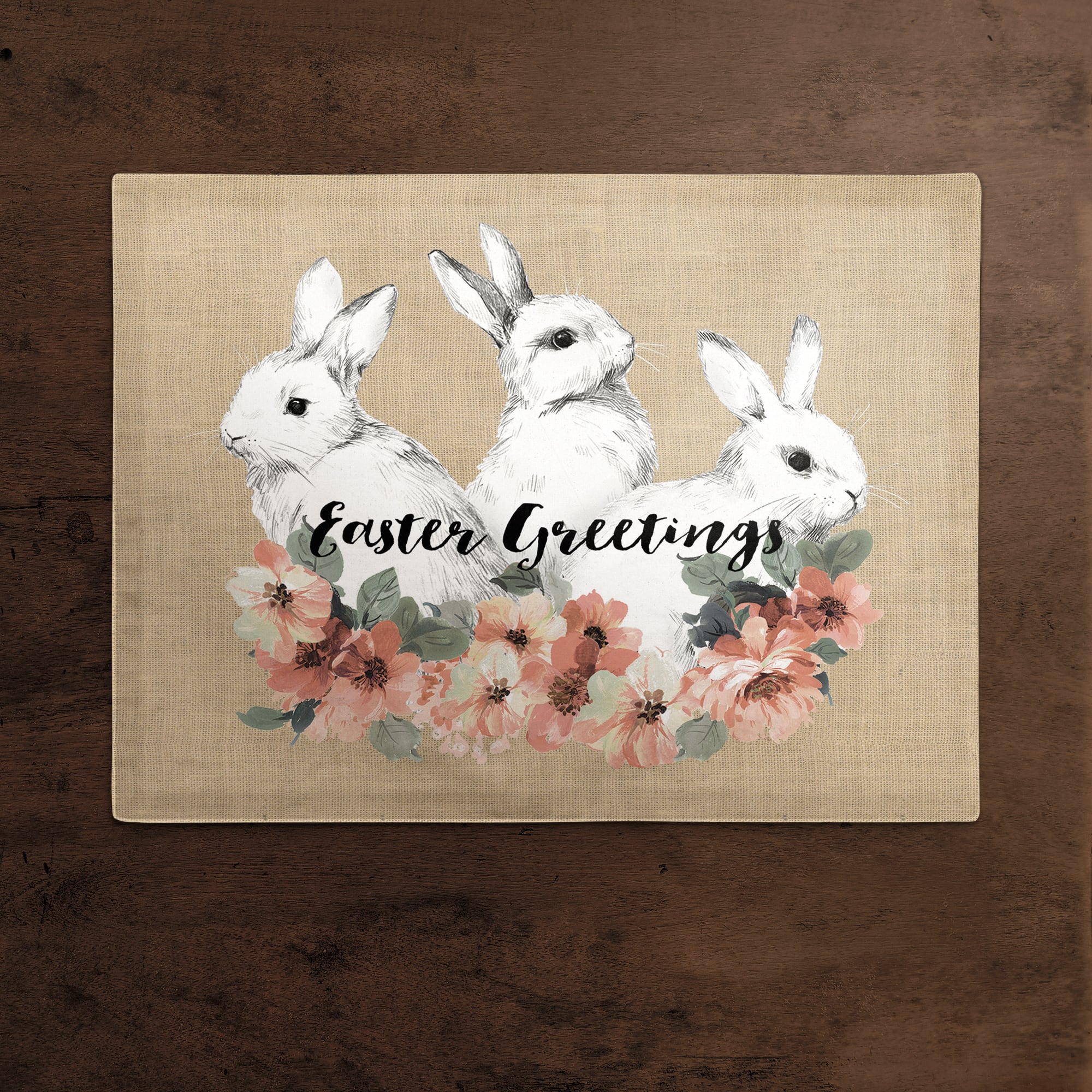 Sketched Bunnies On White Burlap 18" x 14" Poly Twill Placemat