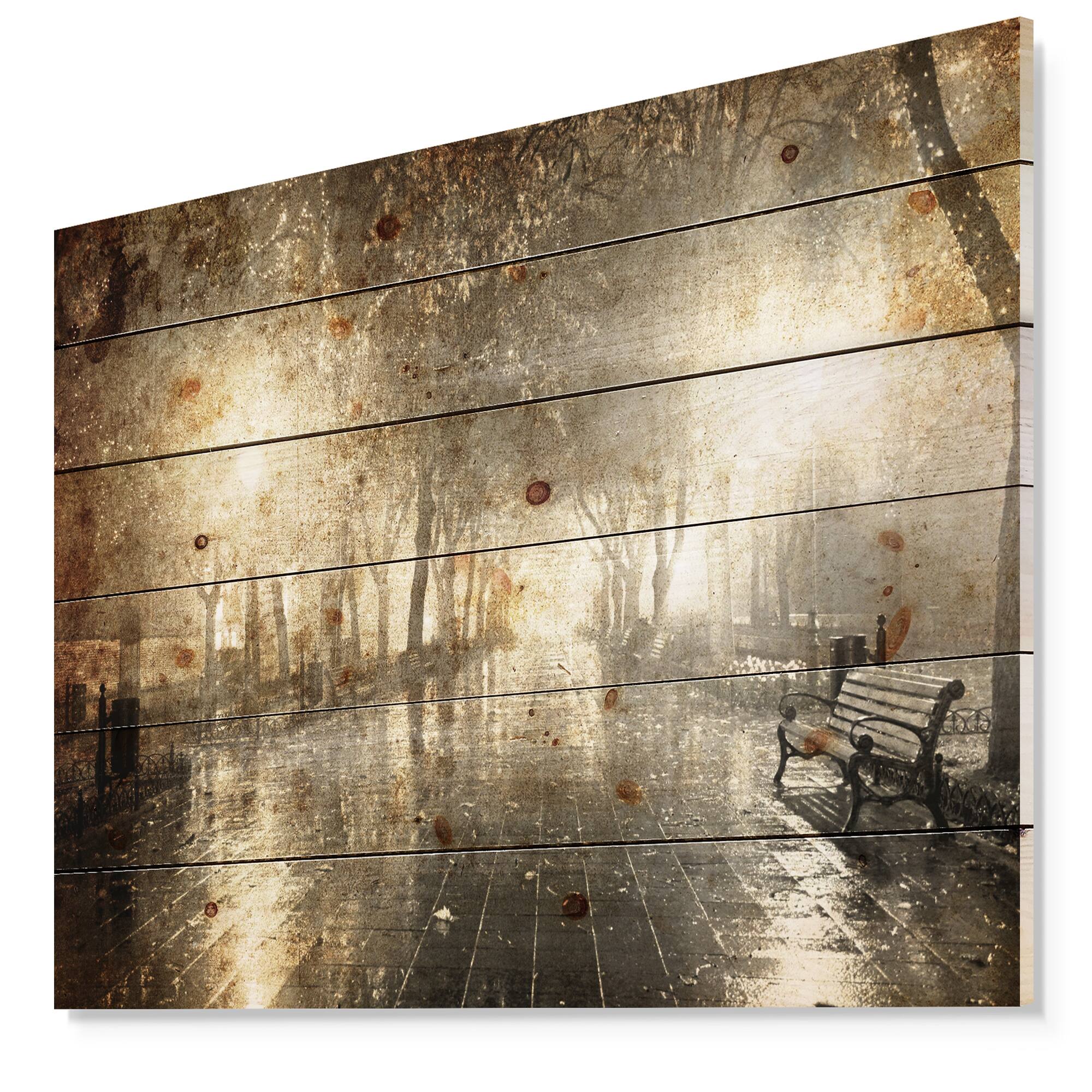Designart - Night Alley with Lights - Photography Landscape Print on Natural Pine Wood