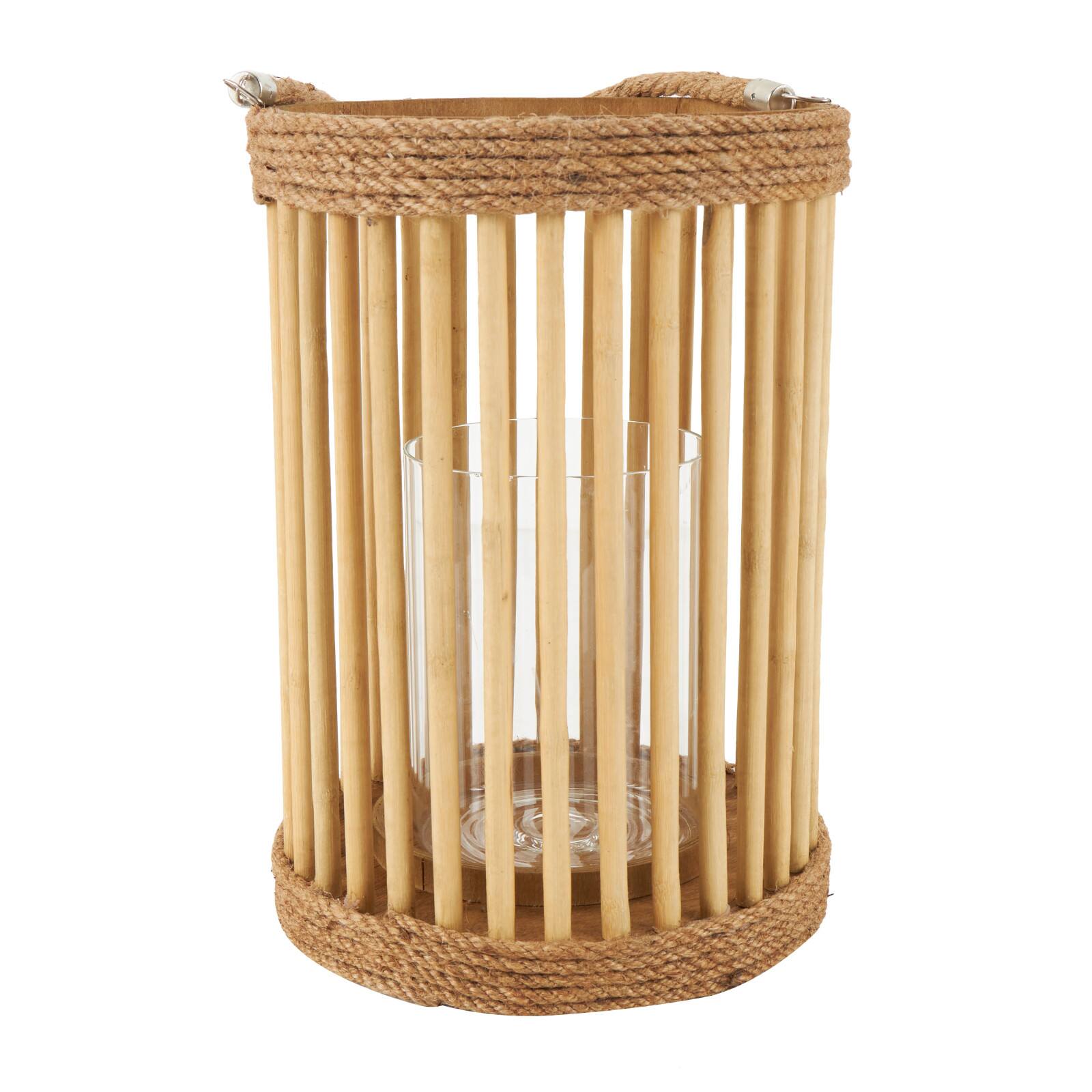 13" Brown Bamboo Handmade Open Framed Caged Candle Lantern with Rope Handle