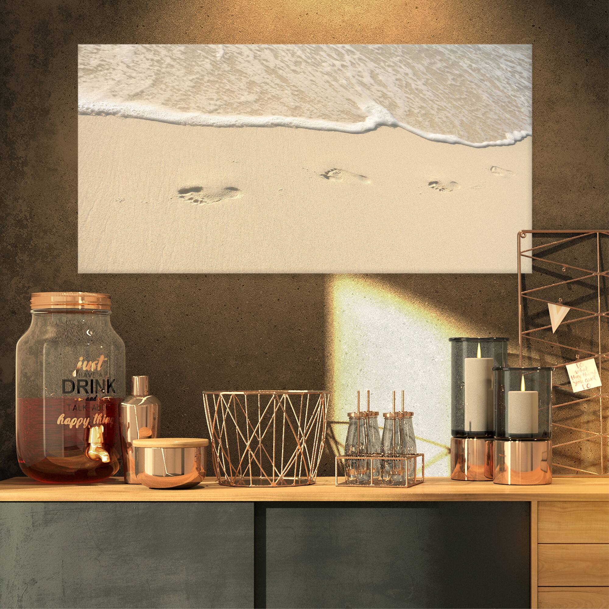 Designart - Footprints in Sand on the Beach - Modern Seascape Canvas Artwork