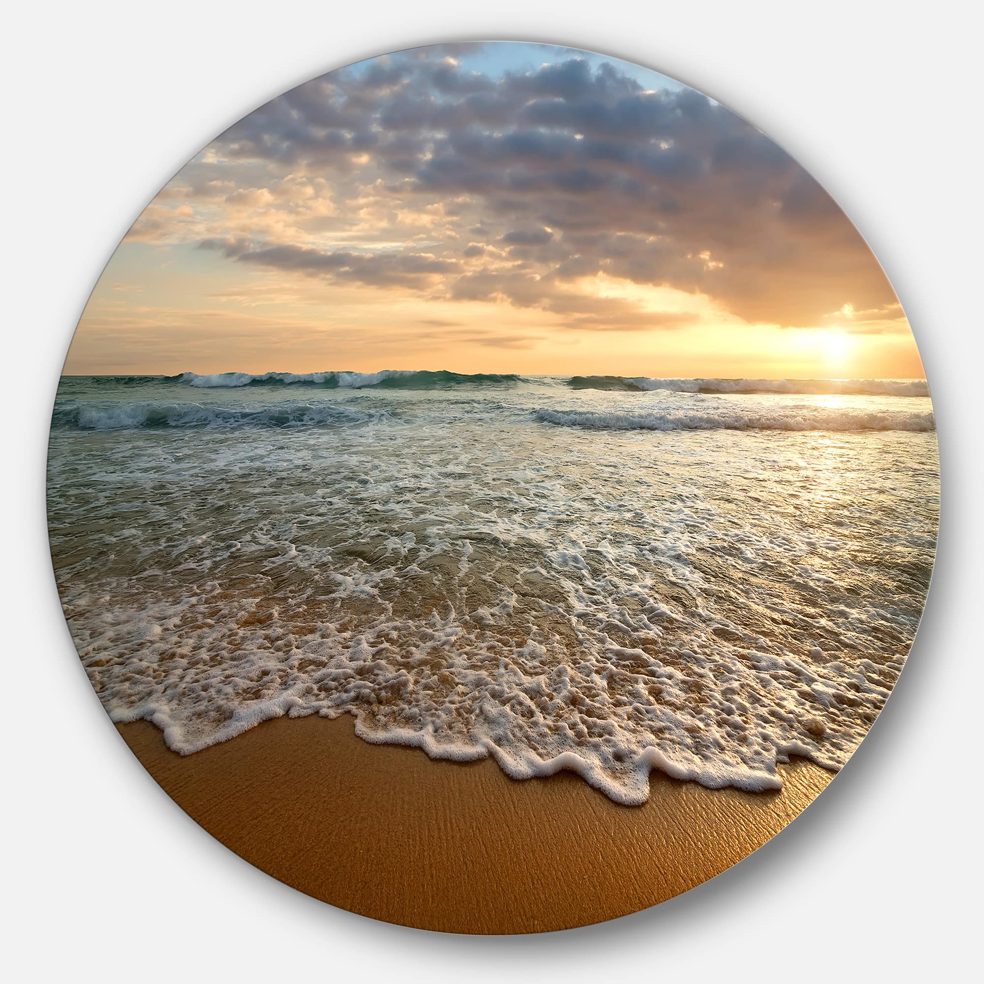 Designart - Bright Cloudy Sunset in Calm Ocean' Seashore Circle Metal Wall Art