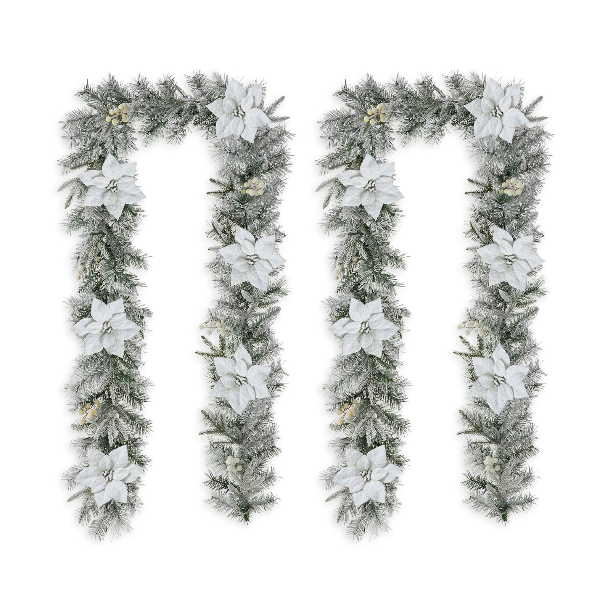 Glitzhome® 2 Pack 9ft. Pre-Lit Snow Flocked Greenery Pine Poinsettia Christmas Garland