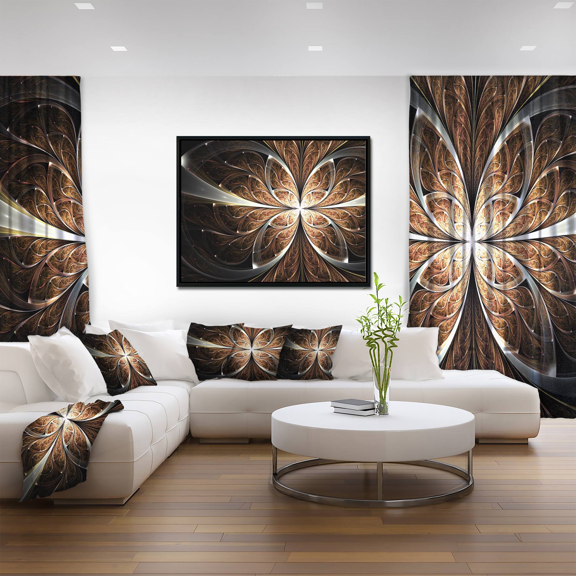 Designart - Fractal Flower Brown Black Digital Art - Floral Canvas Art Print in Black Frame