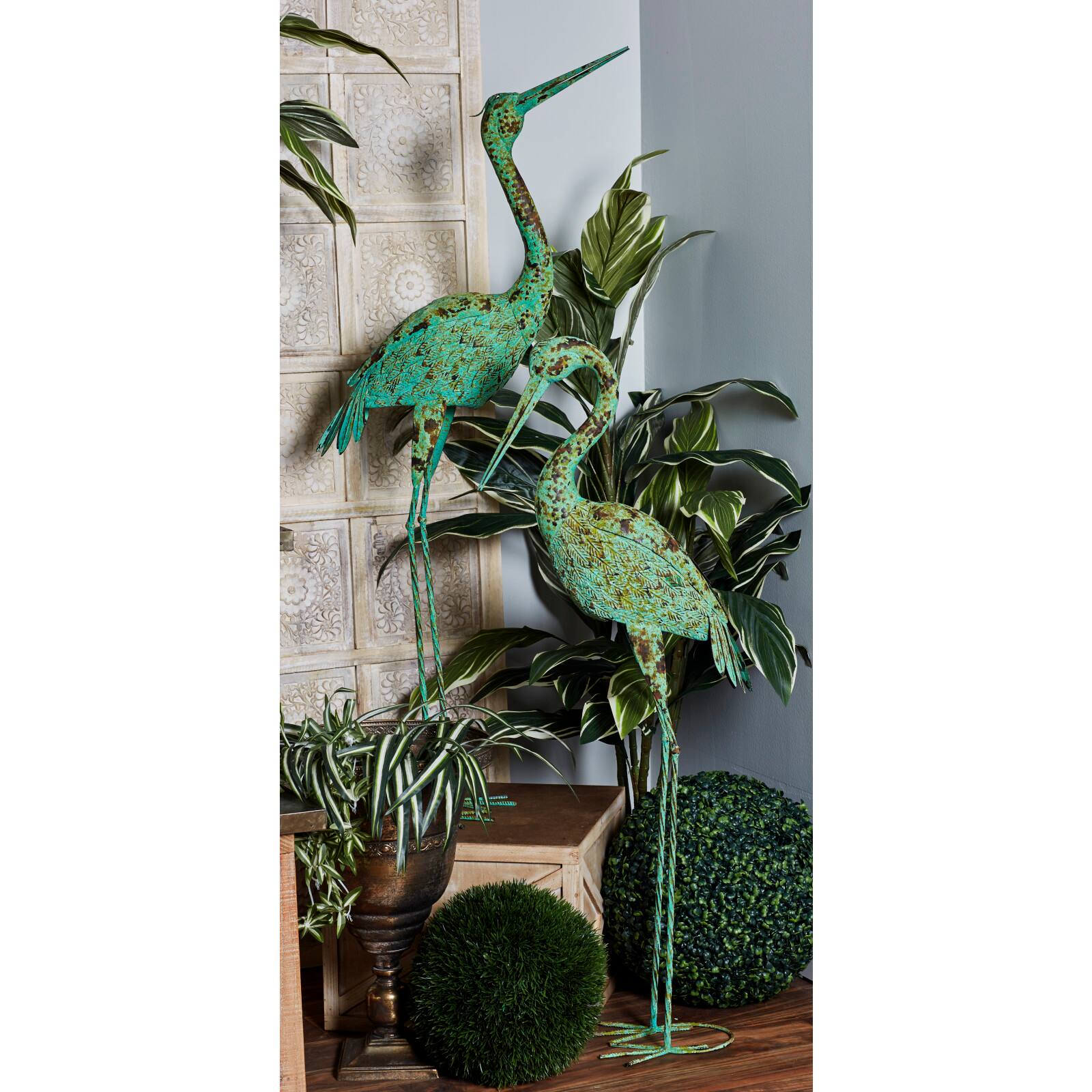 45" Green Metal Cranes Garden Sculpture Set