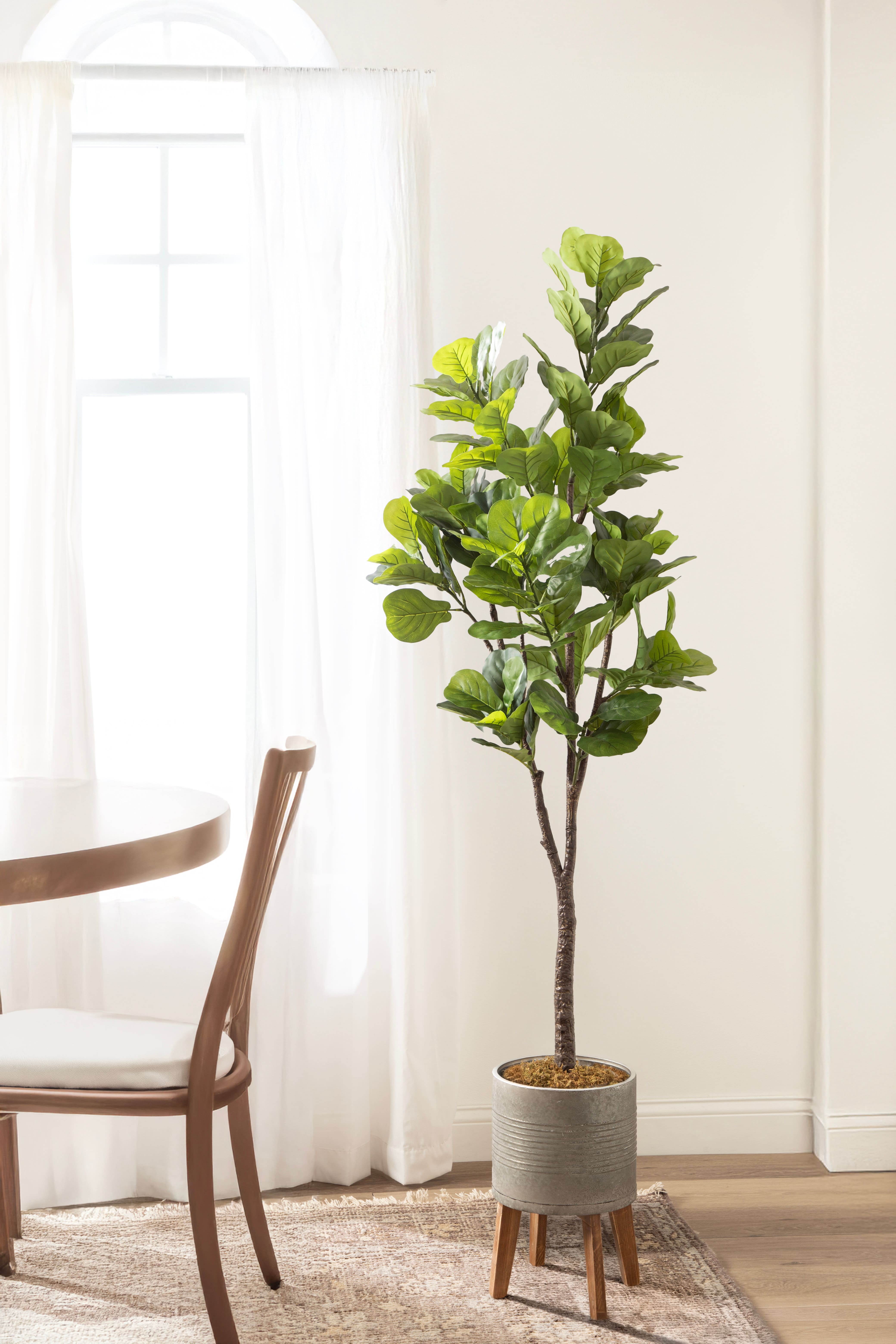 Kate and Laurel Fidmont 6ft. Faux Fiddle Fig Tree in Gavri Wood Footed Planter