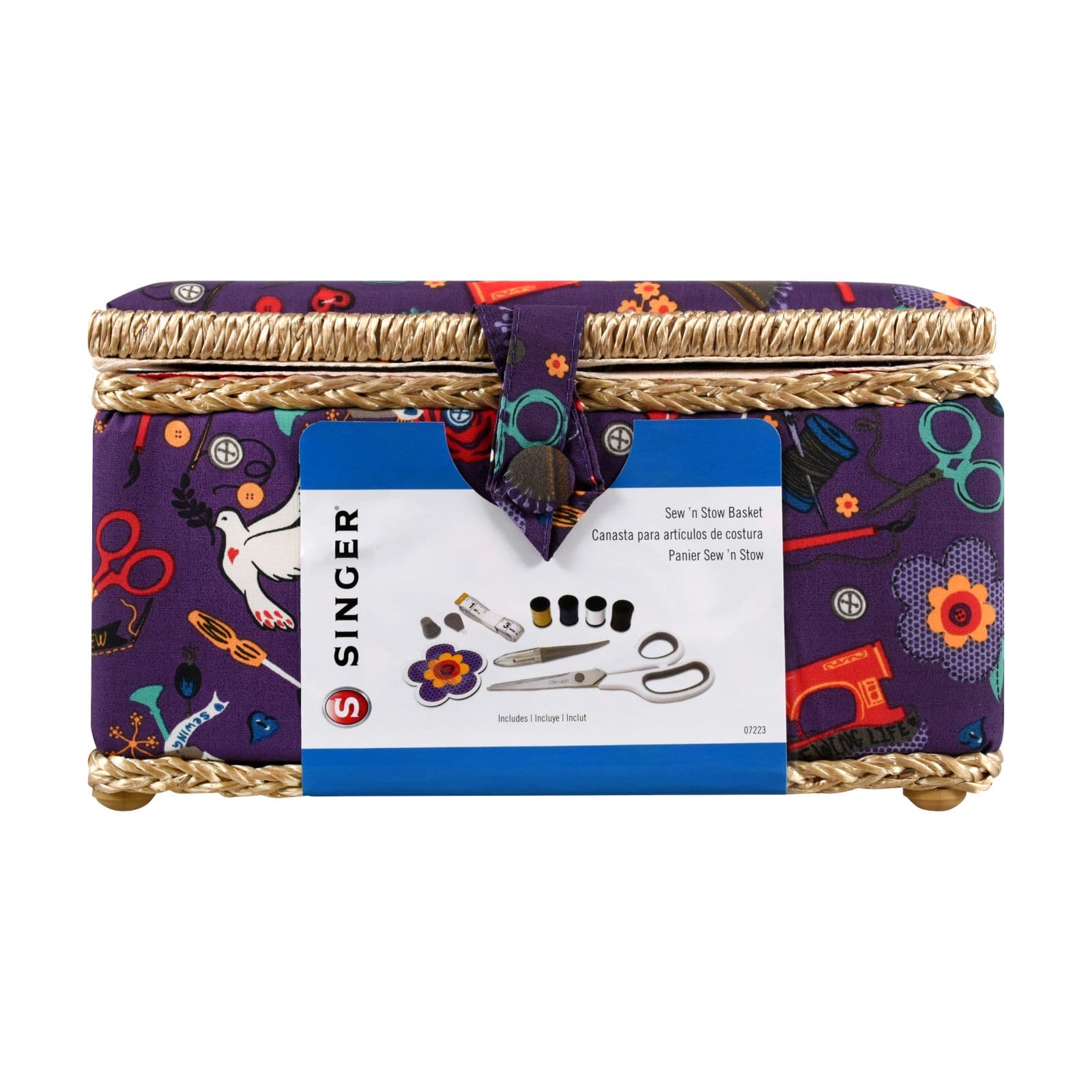 SINGER® Large Purple Notions Print Sewing Basket with Sewing Scissors & Notions