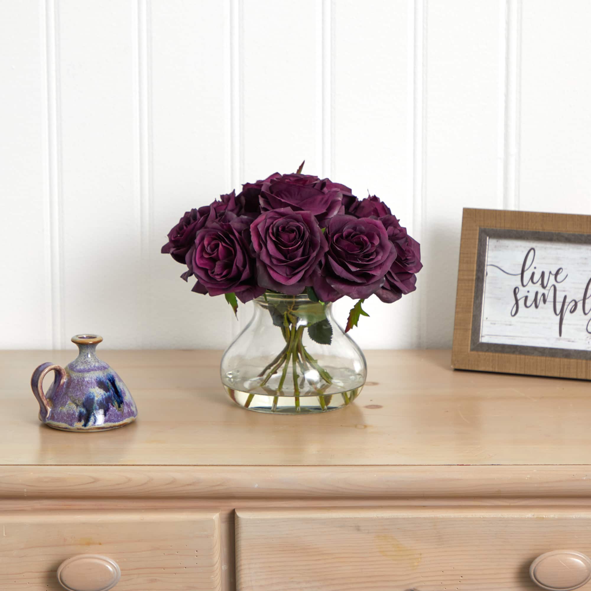 11" Purple Rose Arrangement with Clear Glass Vase