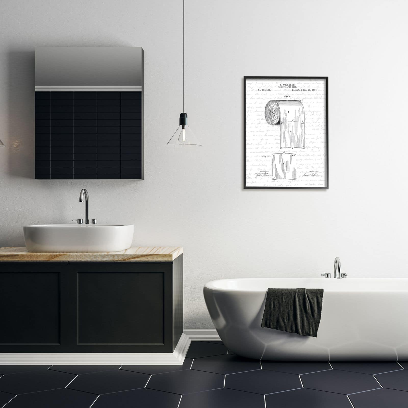 Stupell Industries Toilet Paper Roll Patent Black And White Bathroom Design Framed Wall Art