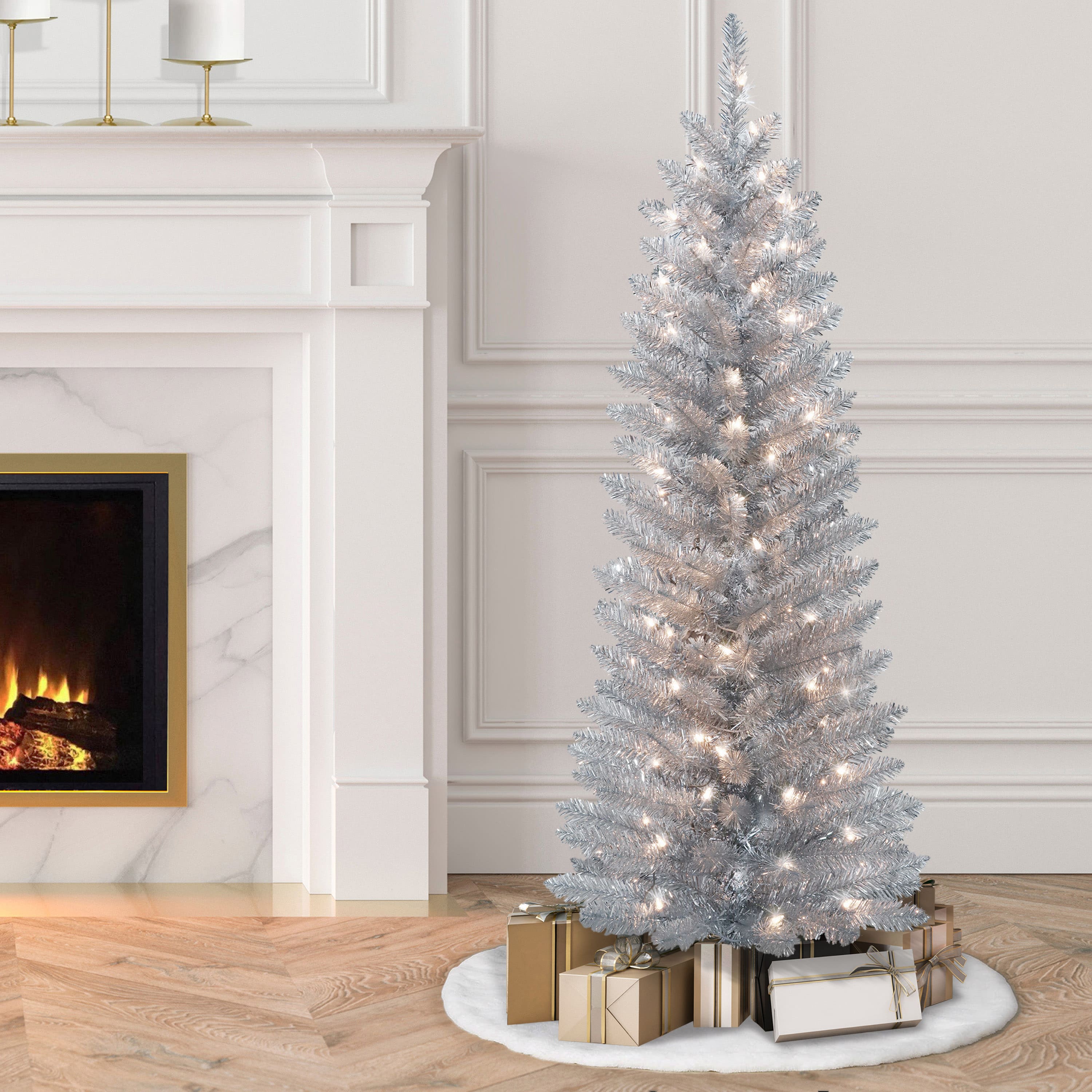 4.5ft. Pre-Lit Silver Tinsel Artificial Christmas Tree, Clear Lights