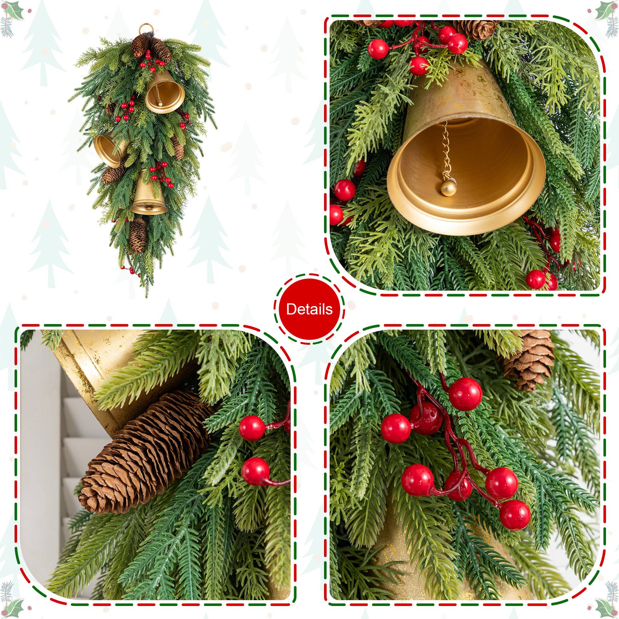 Glitzhome® 30" Christmas Deluxe Gold Bell & Pinecone PE Dripping Teardrop, Set of 2