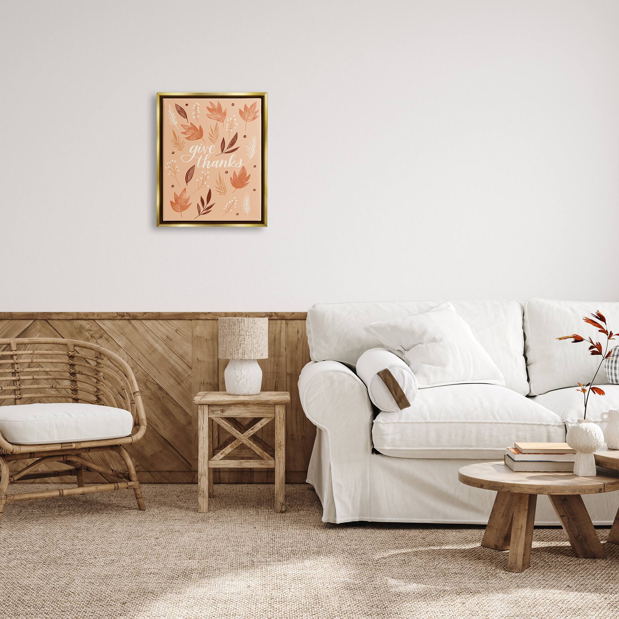 Stupell Industries Give Thanks Autumnal Leaves Framed Floater Canvas Wall Art