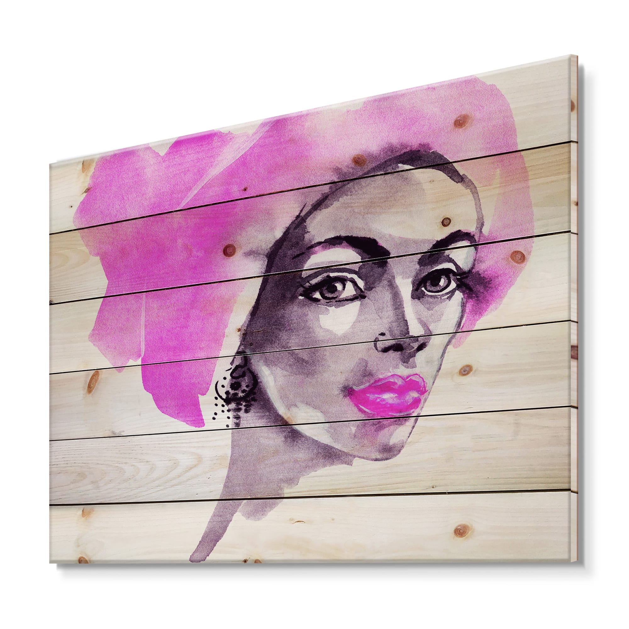 Designart - Afro American Woman Fashion Portrait - Modern Print on Natural Pine Wood