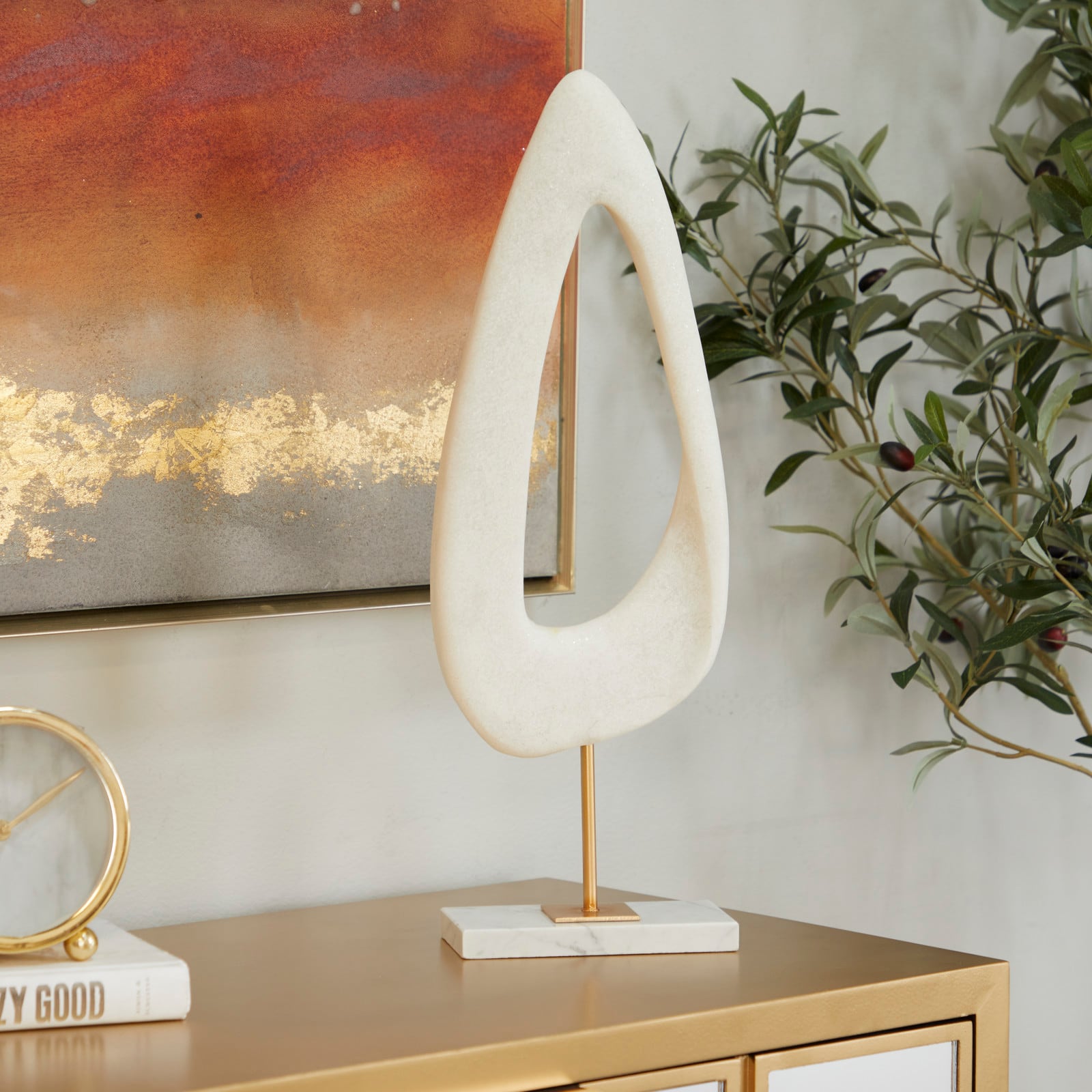 20" White Polystone Cut-Out Abstract Sculpture with Marble Stand