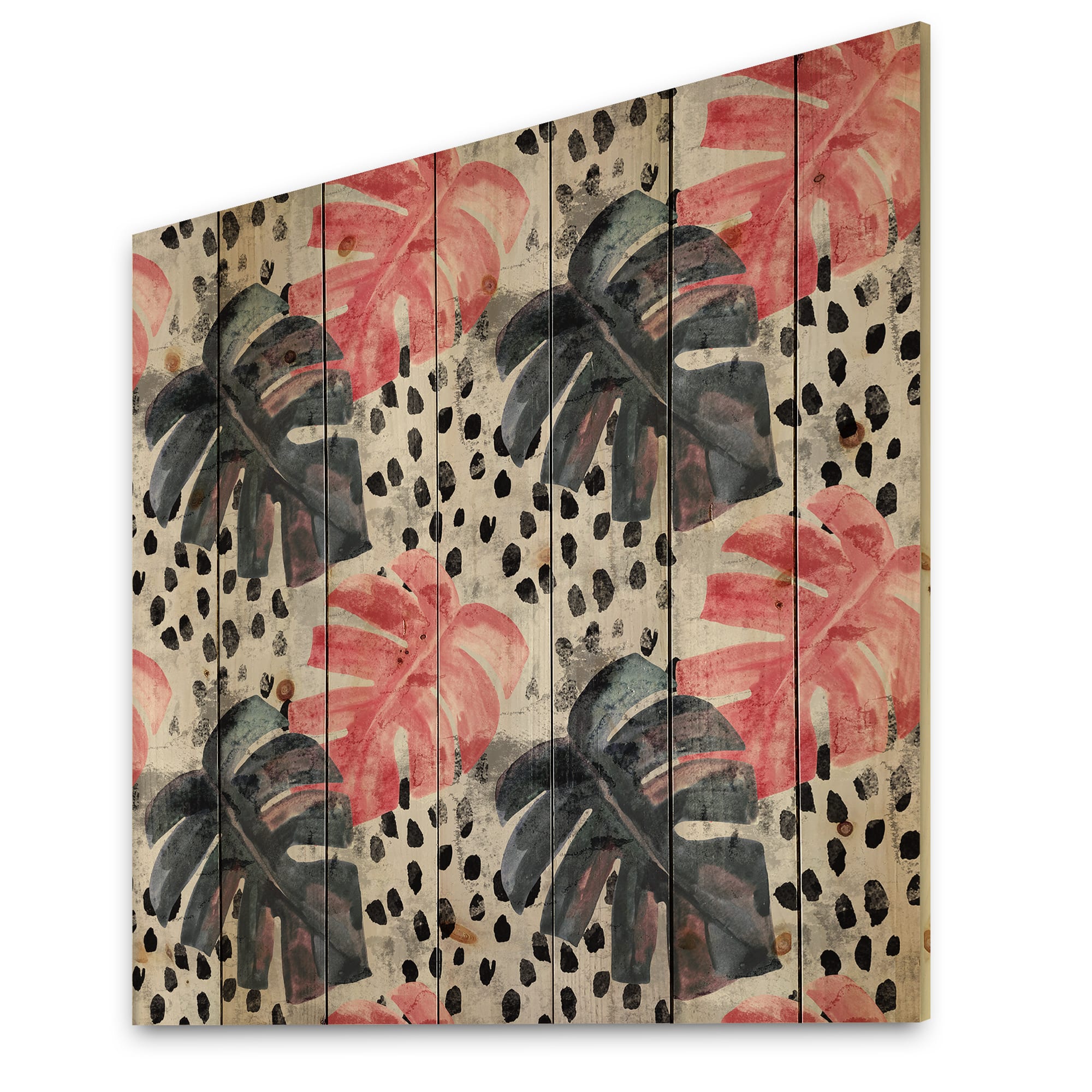 Designart - Colored Monstera On Rough Brush Strokes I - Tropical Print on Natural Pine Wood