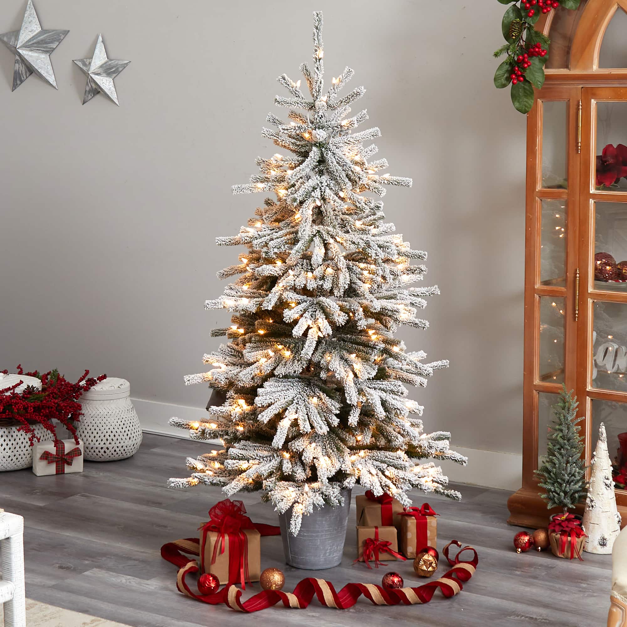 6ft. Pre-Lit Flocked Long Vermont Pine Artificial Christmas Tree in Decorative Planter, White LED Lights