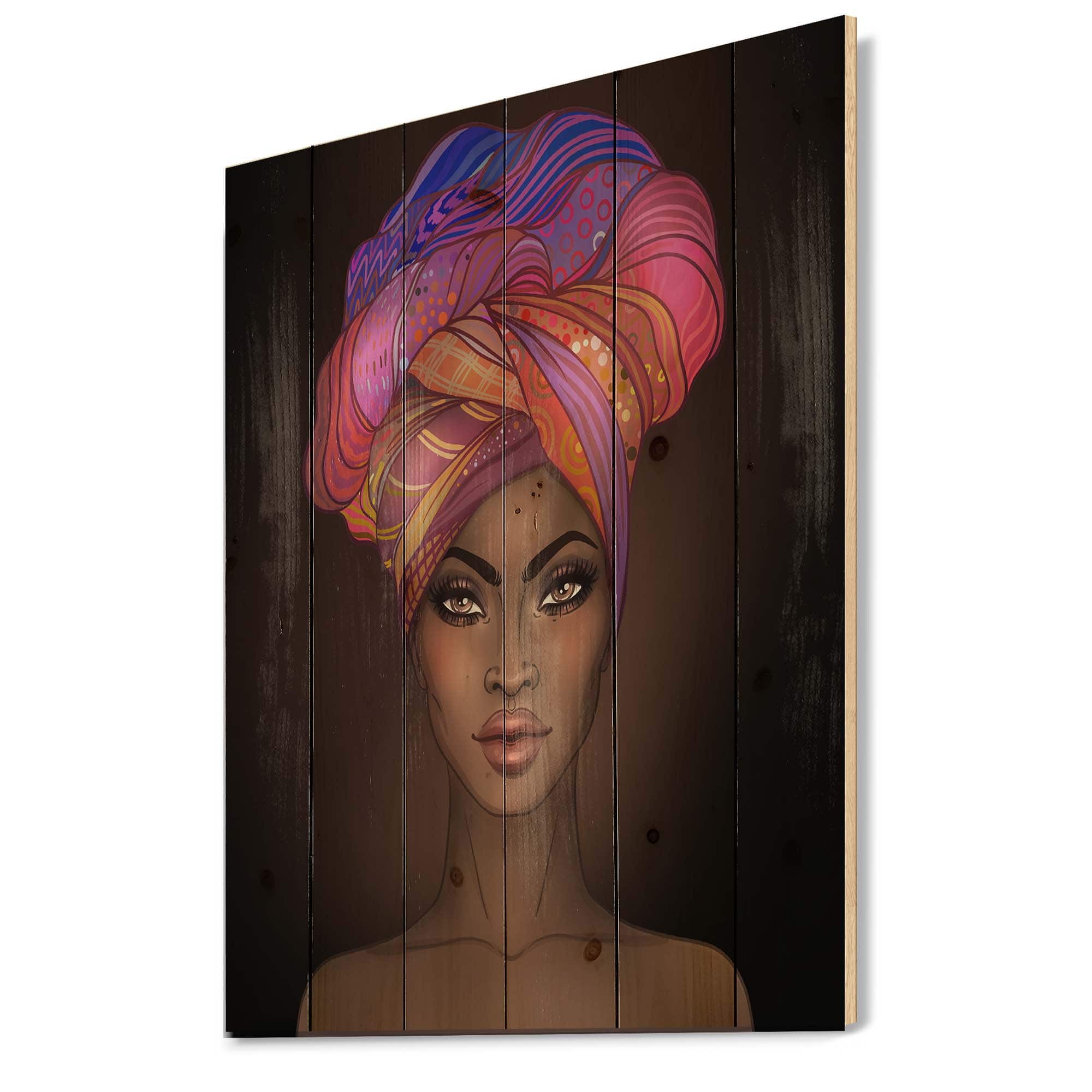 Designart - African American Woman with Turban VI - Modern Print on Natural Pine Wood