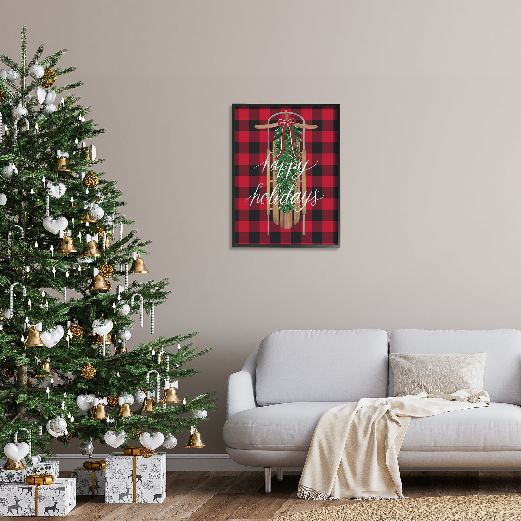 Stupell Industries Happy Holidays Tartan Sled Framed Giclee Art