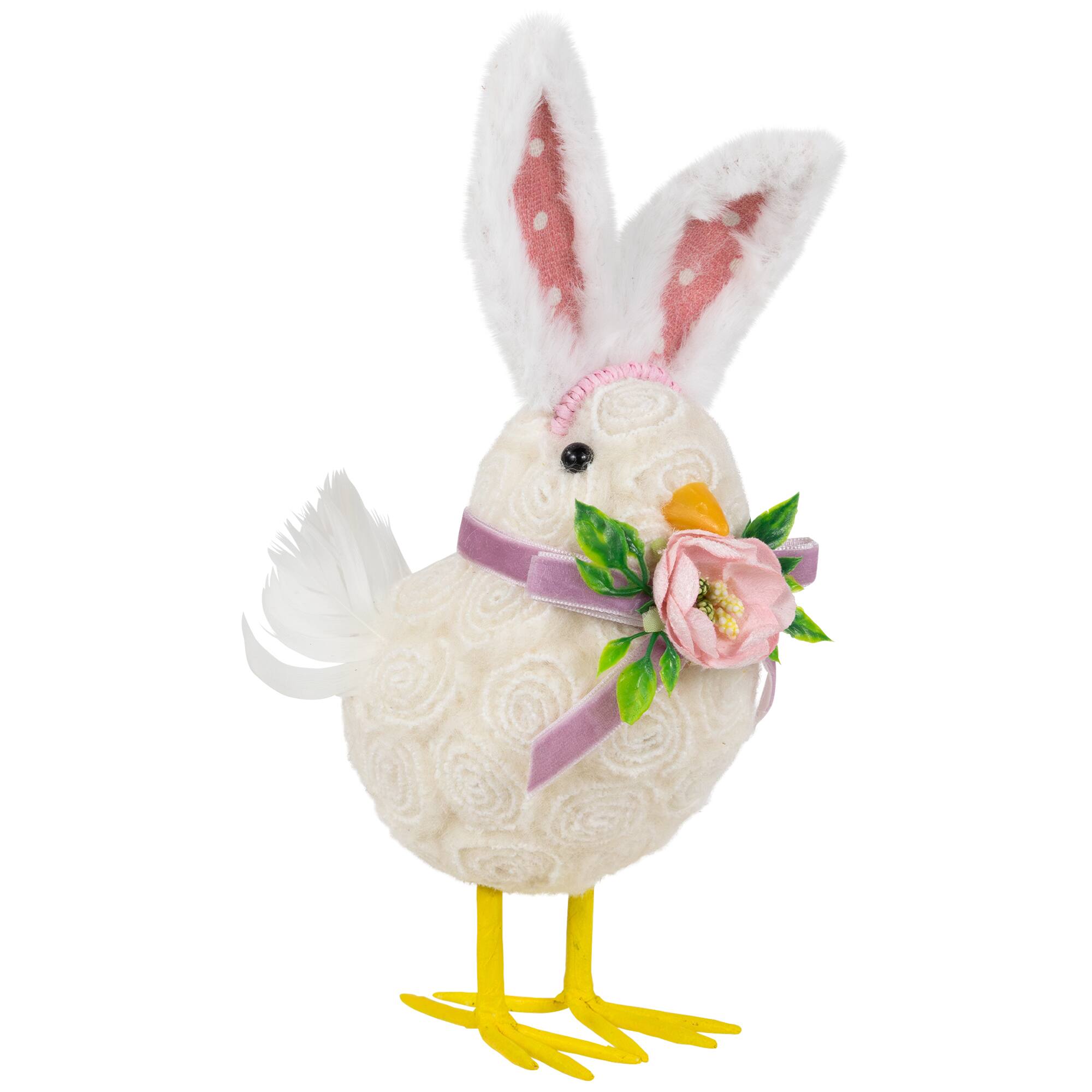 8.75" Floral Easter Chick Accent with Polka Dot Faux Fur Rabbit Ears