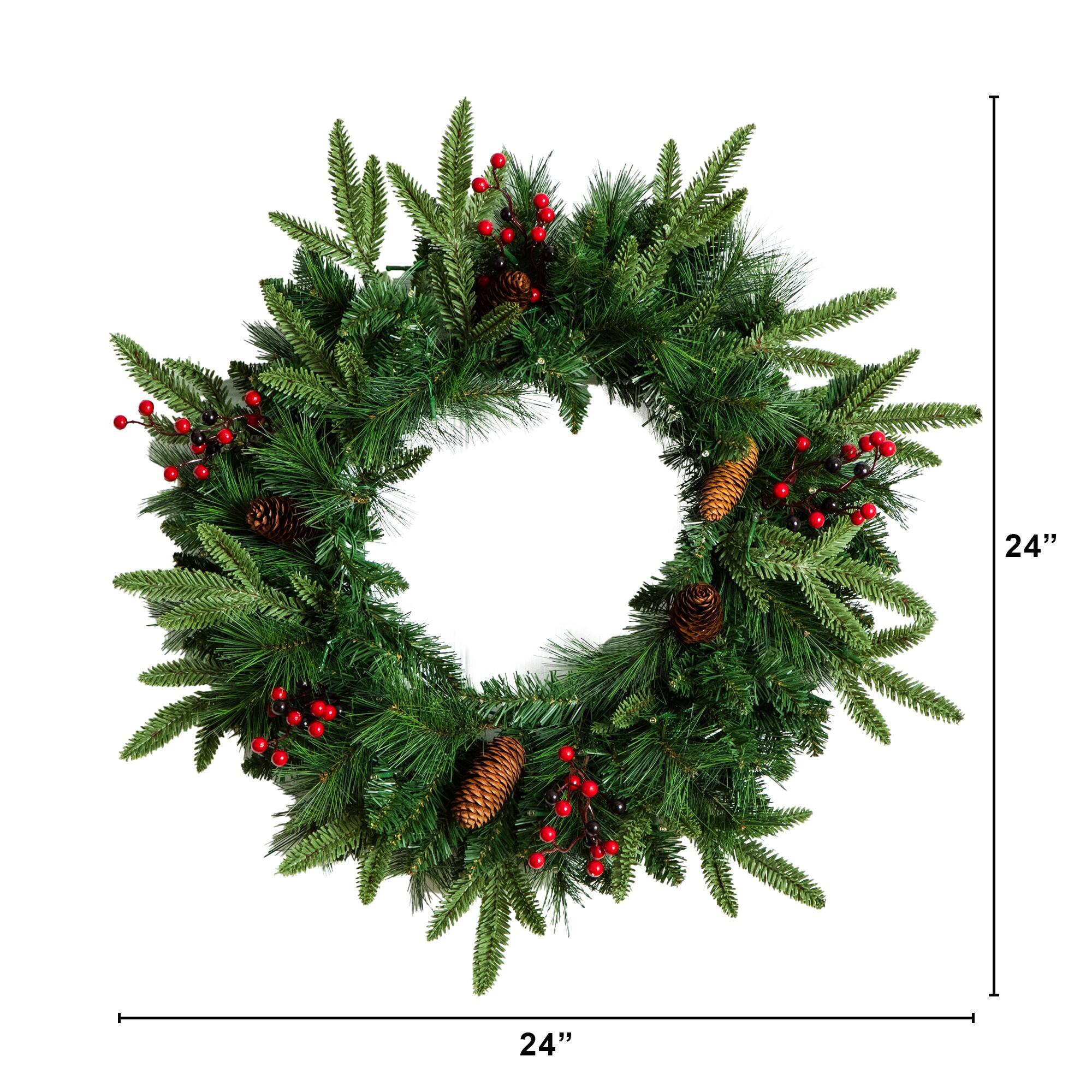 5 Piece Pre-Lit Norfolk Pine Artificial Tree, Garland and Wreath Set with Warm White LED Lights and Decorative Pots