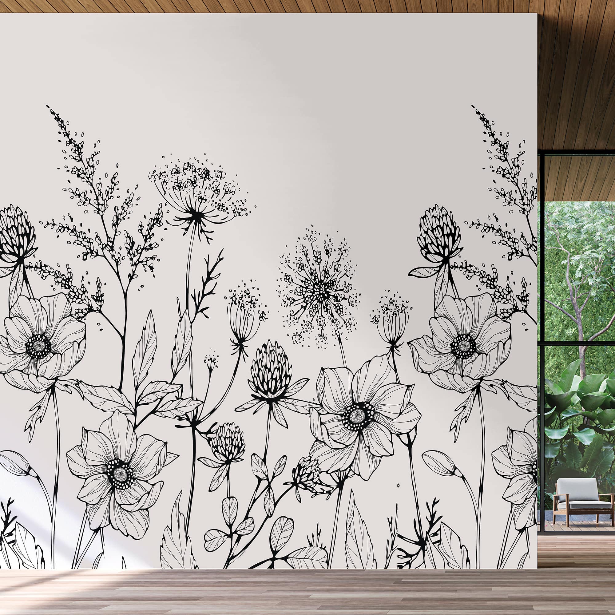Designs Direct Meadow Bloom Sketch Black Wall Mural