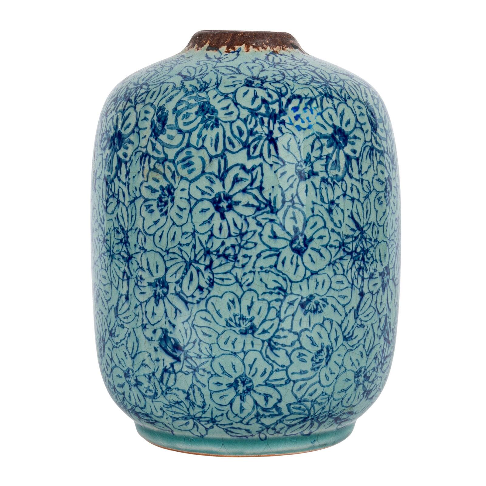 Hello Honey® 7" Distressed Blue Terracotta Vase with Floral Pattern