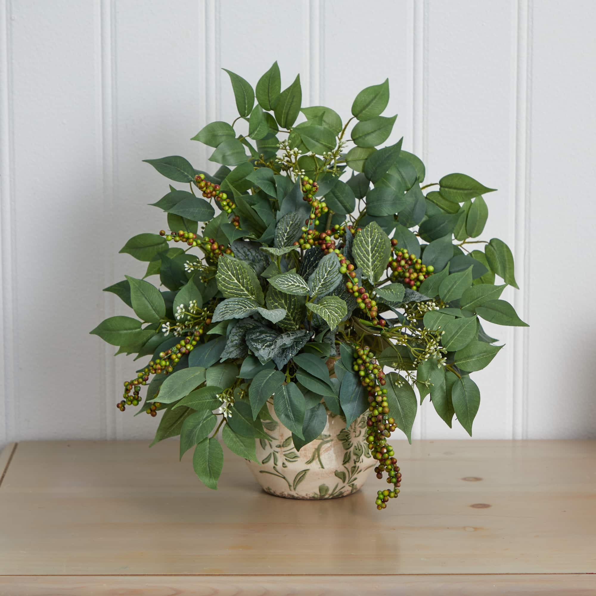 13" Mixed Ficus, Fittonia & Berry in Floral Vase