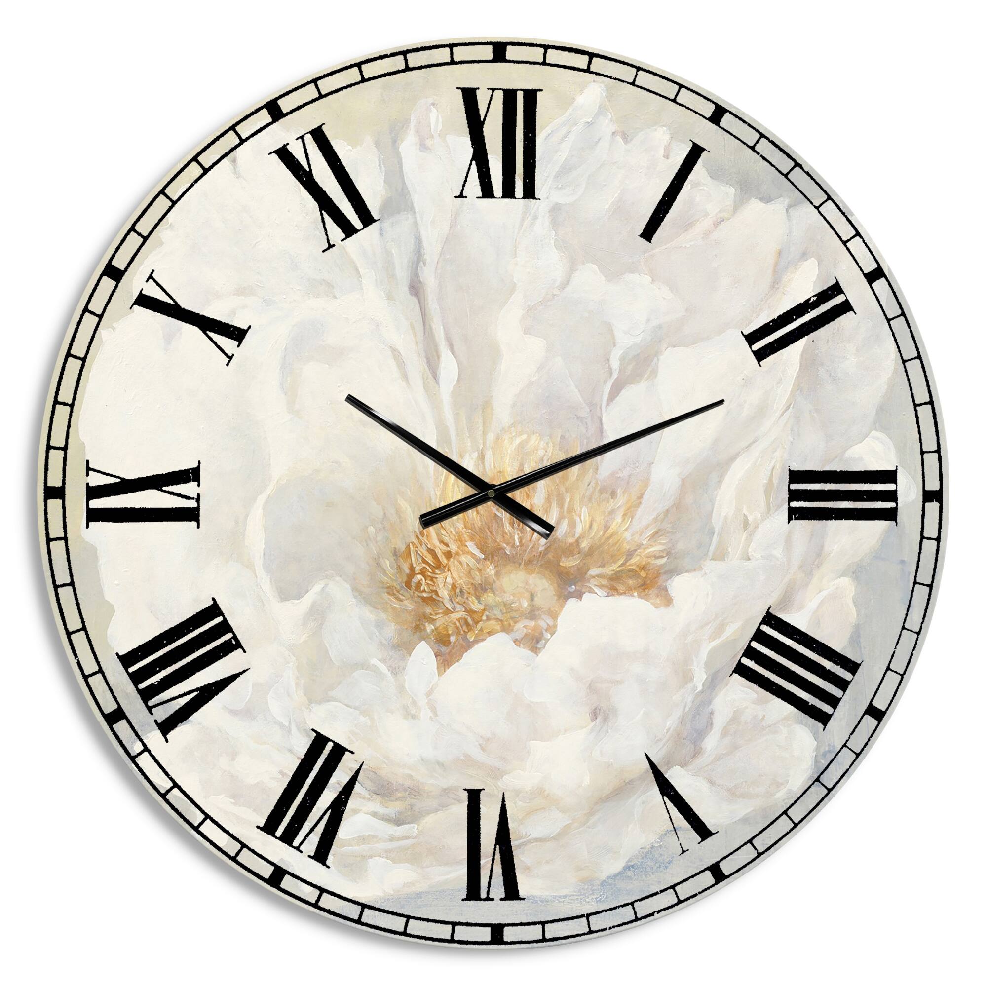 Designart White Serene Peony Traditional Wall Clock