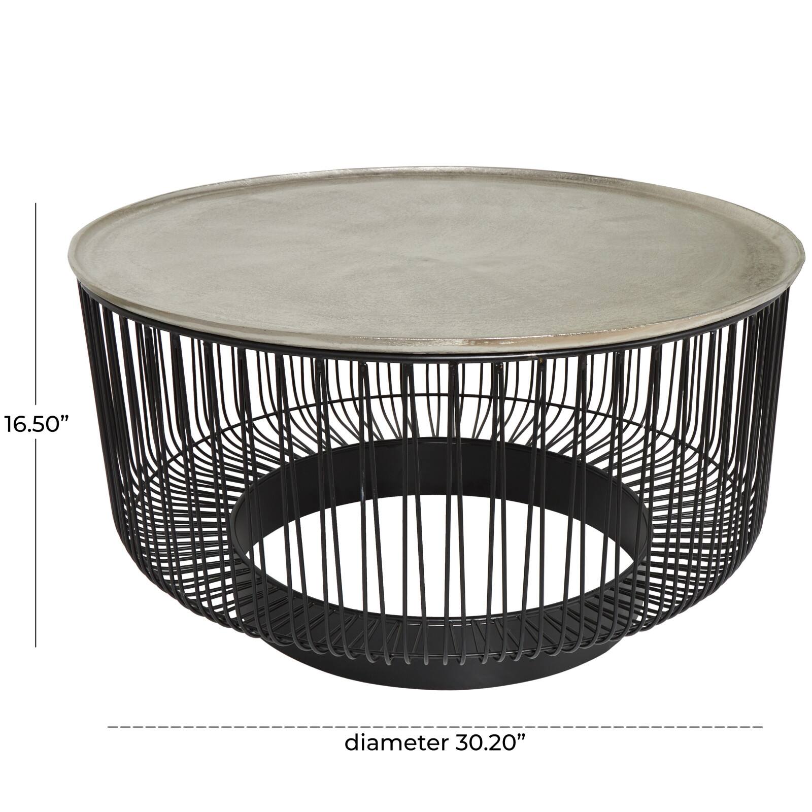 30" Black Metal Open Frame Wire Geometric Coffee Table with Silver Aluminum Top