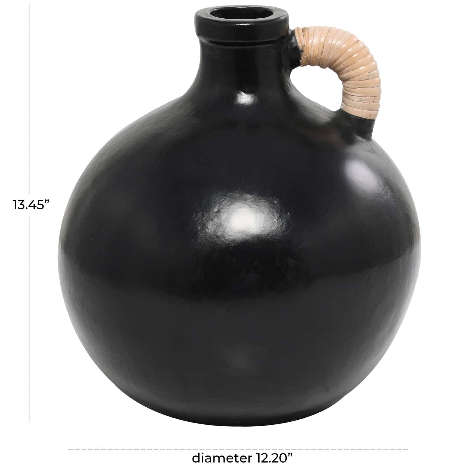 13" Black Ceramic Jug Inspired Vase with Rattan Wrapped Handle