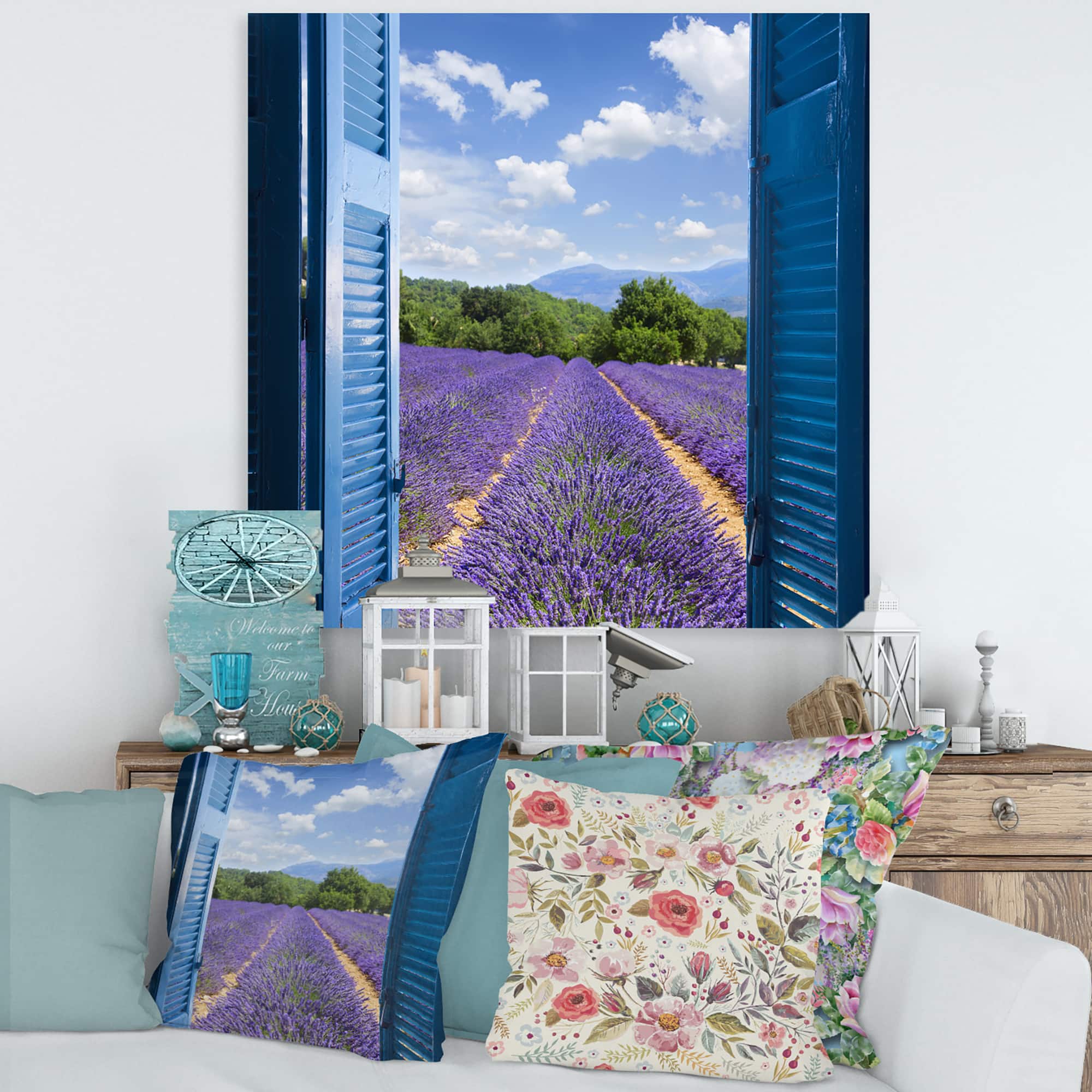 Designart - Lavender Field Through Blue Open Cottage Window - Farmhouse Canvas Wall Art Print