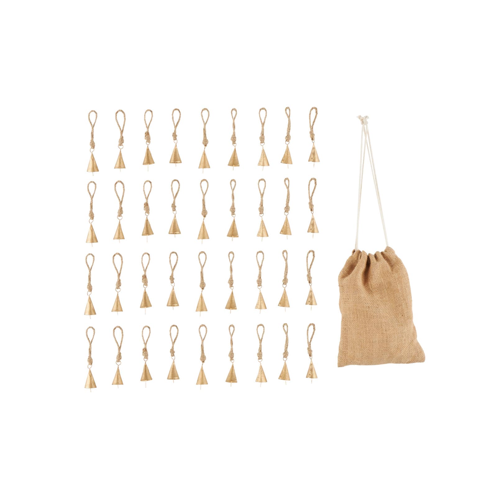 Gold Metal Tibetan-Inspired Decorative Bells with Brown Jute Rope and Canvas Drawstring Tote Set