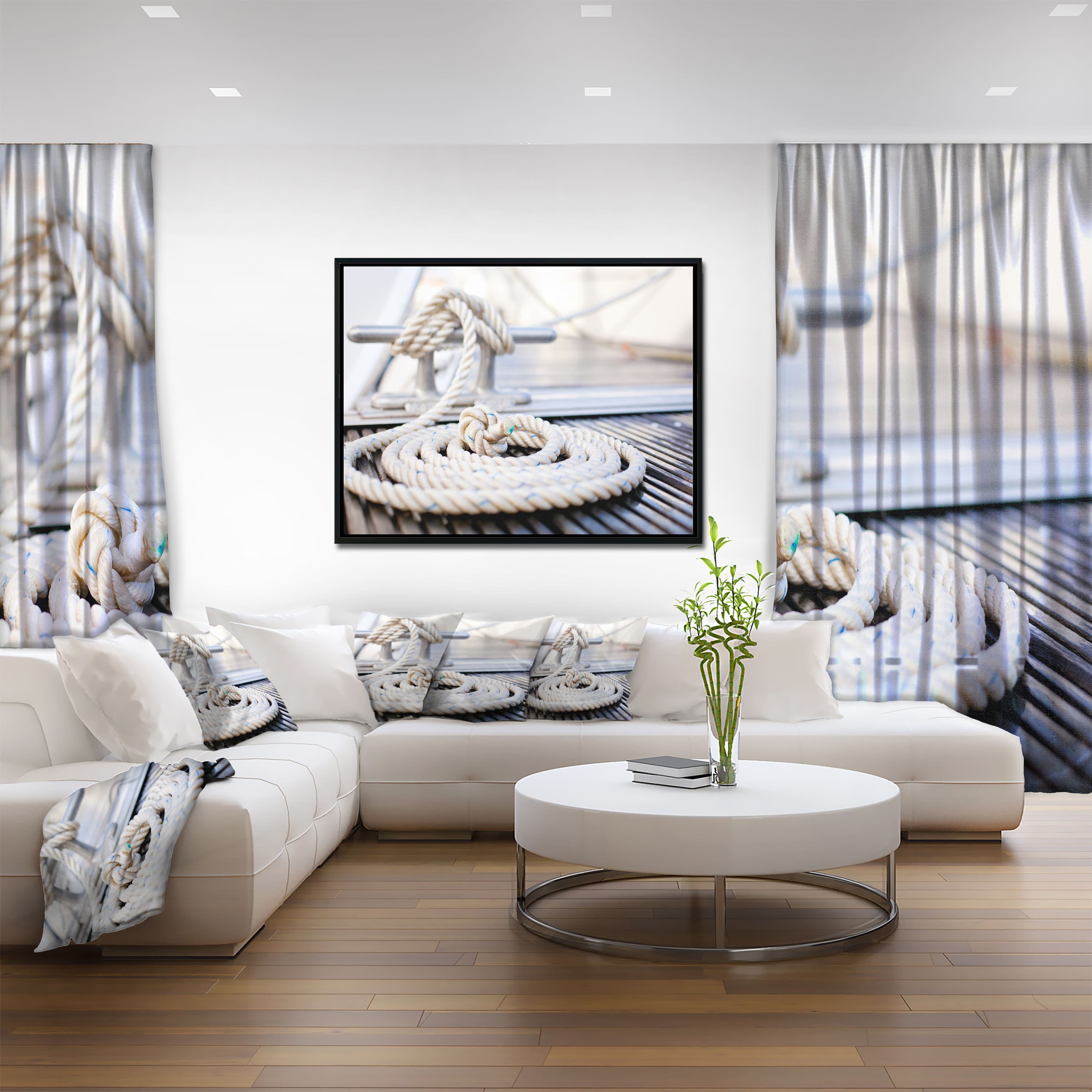 Designart - White Nautical Mooring Rope - Modern Landscape Framed Canvas Art