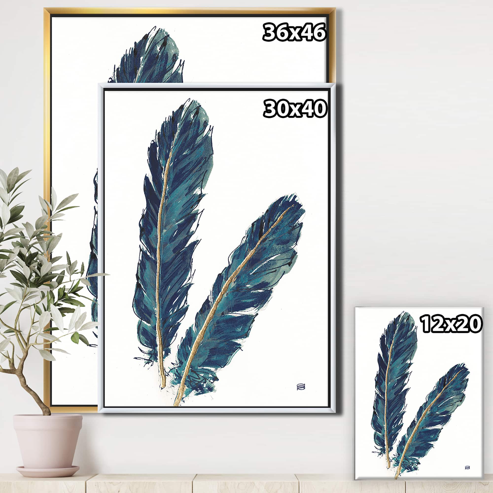 Designart - Gold Indigo Feathers IV - Modern Bohemian Canvas in Gold Frame