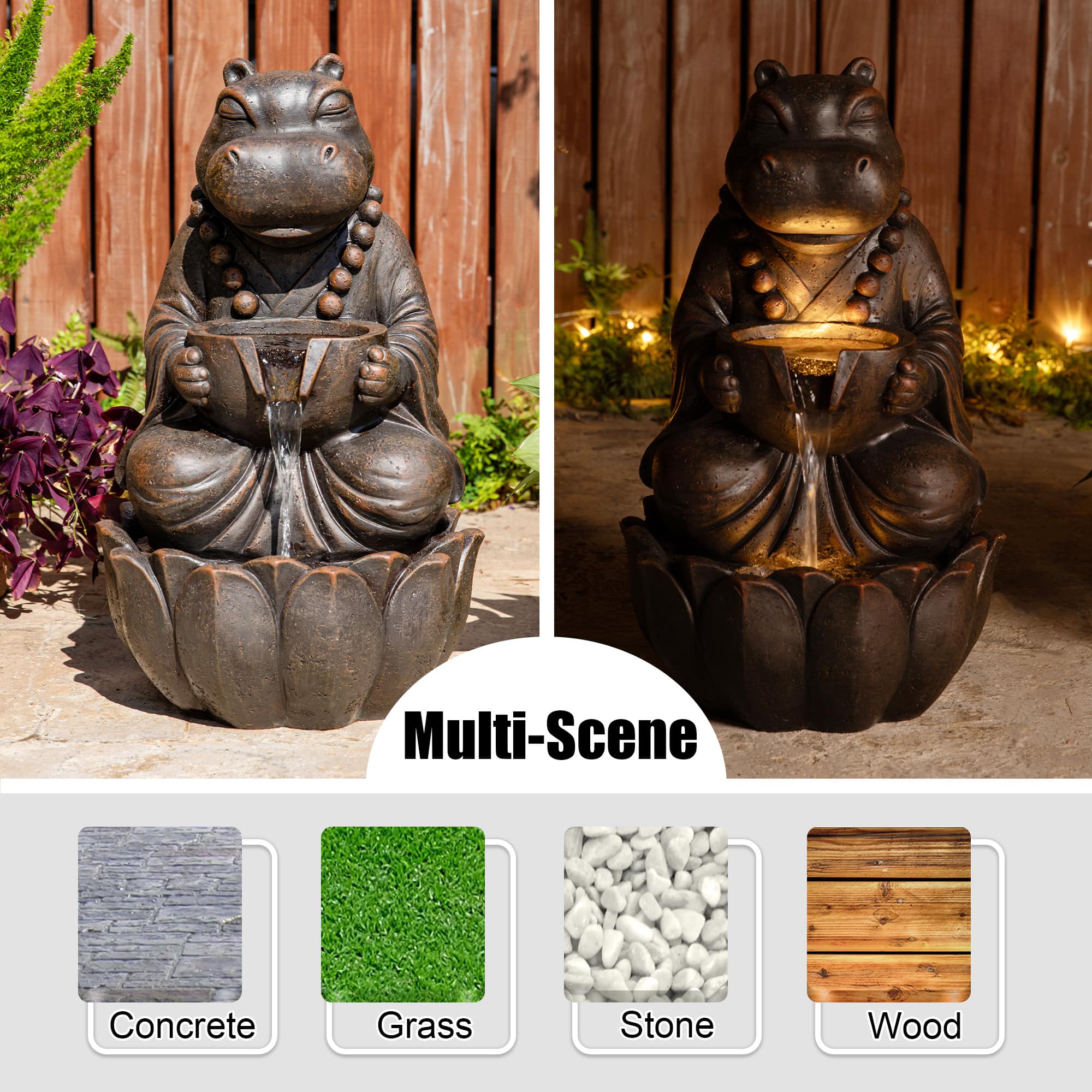Glitzhome® 21.75" Zen-Style LED 2-Tier Bronze Hippo Outdoor Fountain