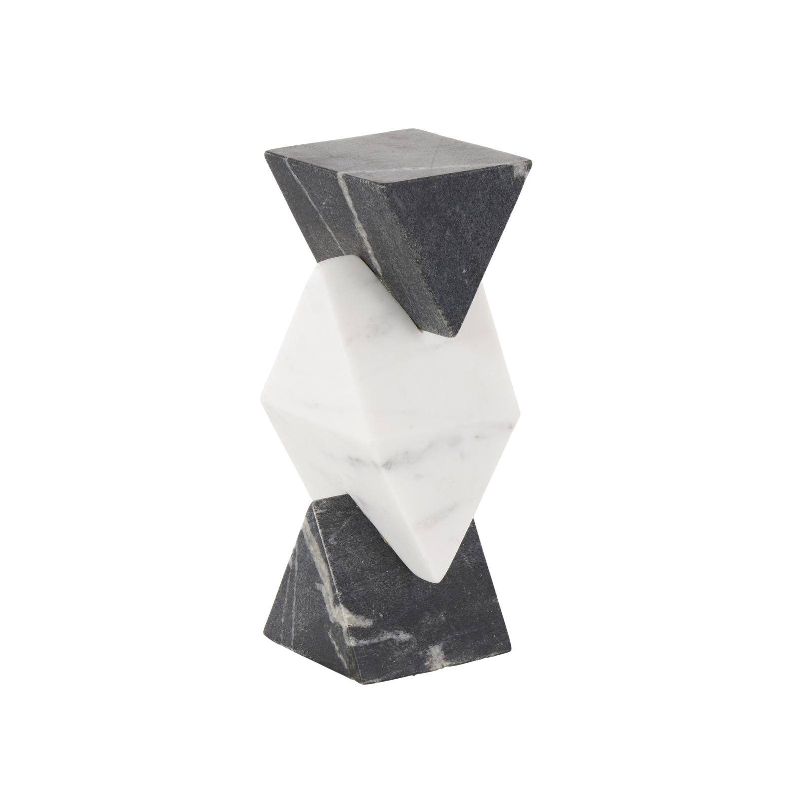 9.5" Black & White Geometric Stacked Pyramid Marble Sculpture with Diamond Center