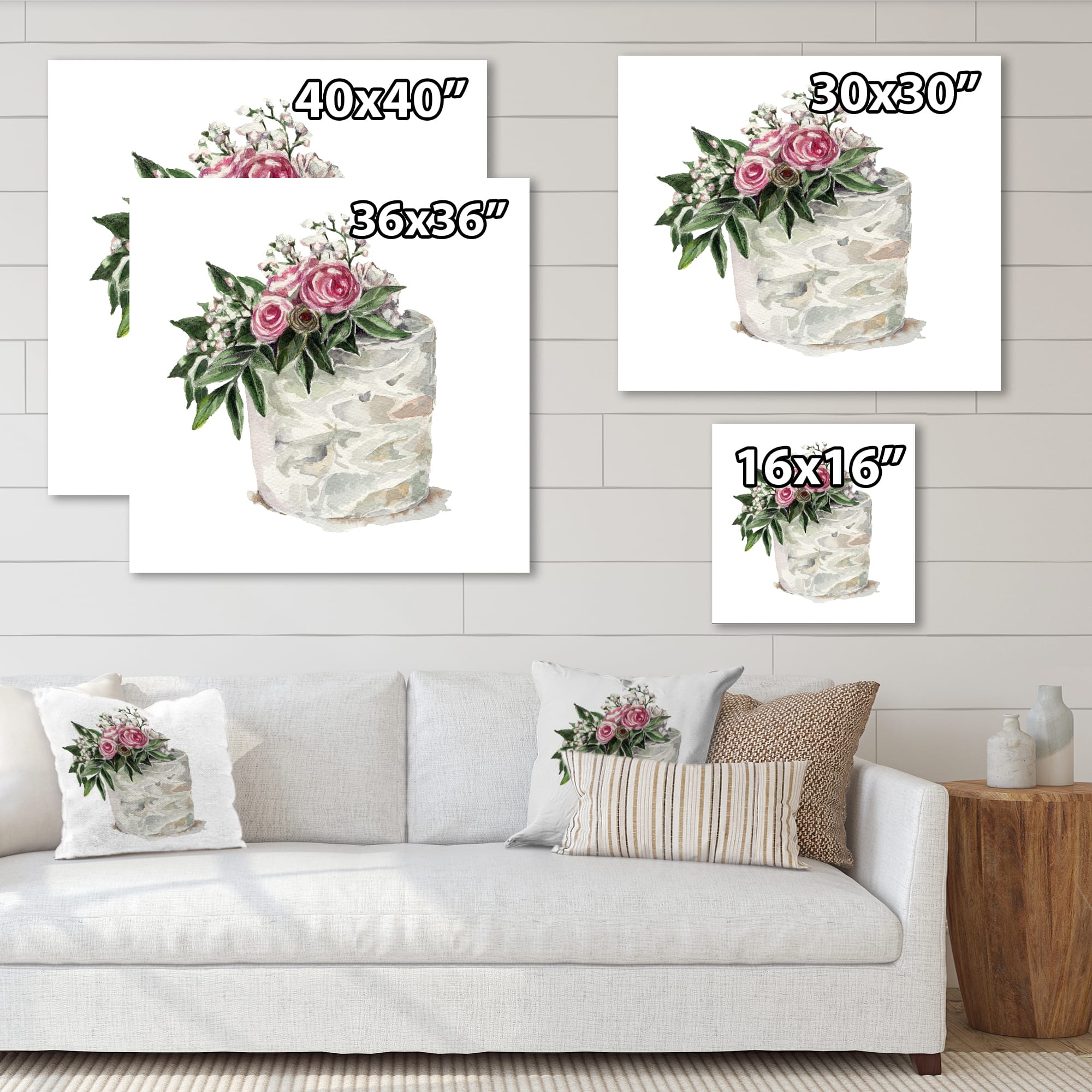 Designart - Pink Roses and White Flowers On Cake - Traditional Canvas Wall Art Print