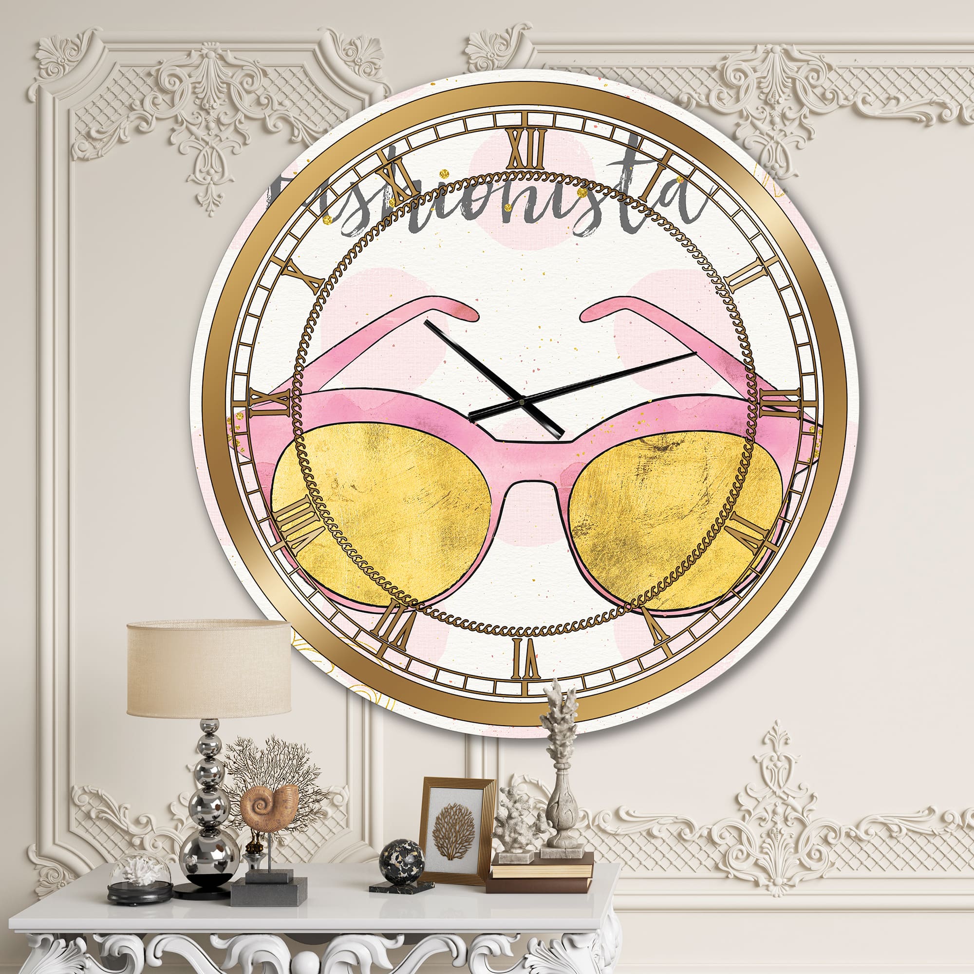 Designart 'Fashion Glam Accessories Pink Glam Wall Clock