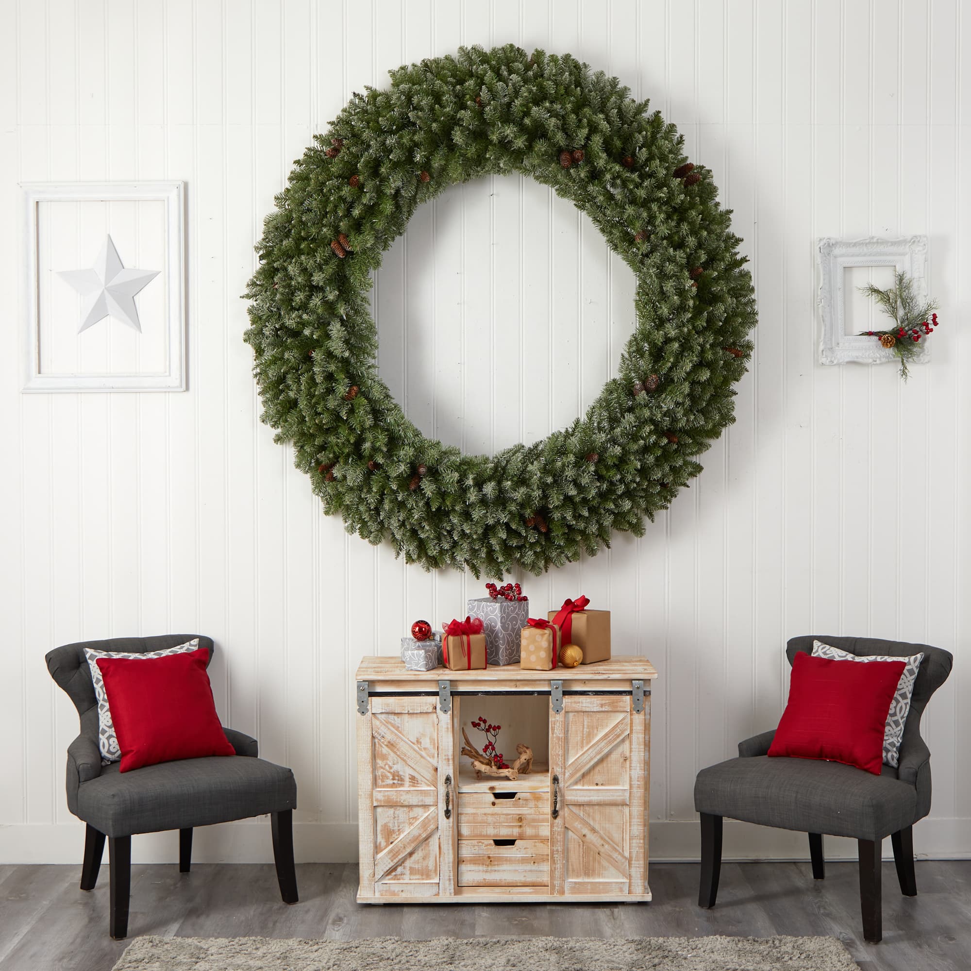 6ft. Clear LED Lights Flocked Artificial Christmas Wreath With Pinecones
