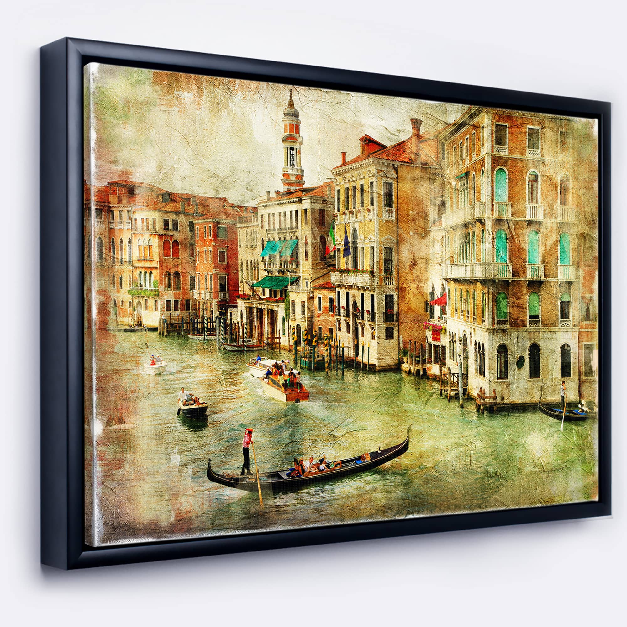 Designart - Vintage Venice - Digital Art Landscape Canvas Print in Black Frame