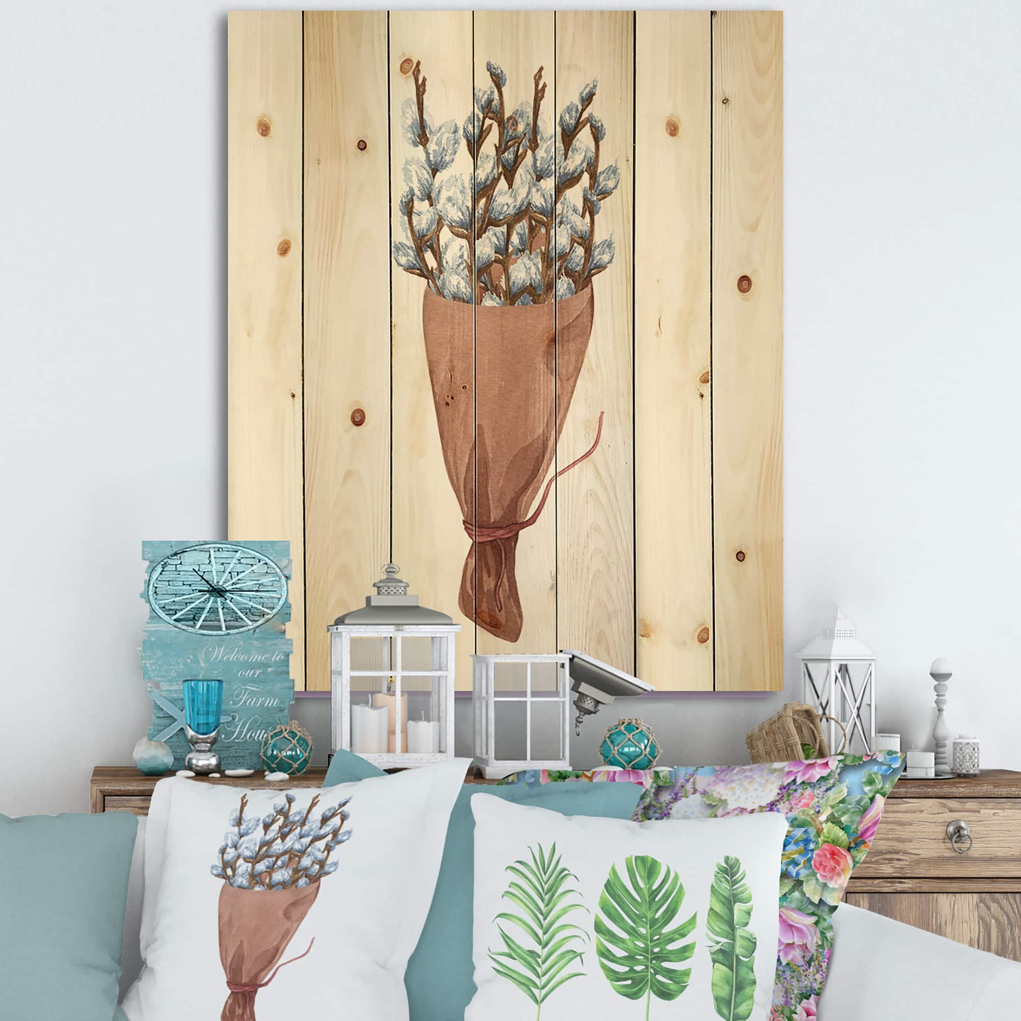 Designart - Bunch of Pussy Willow Twigs I - Farmhouse Print on Natural Pine Wood