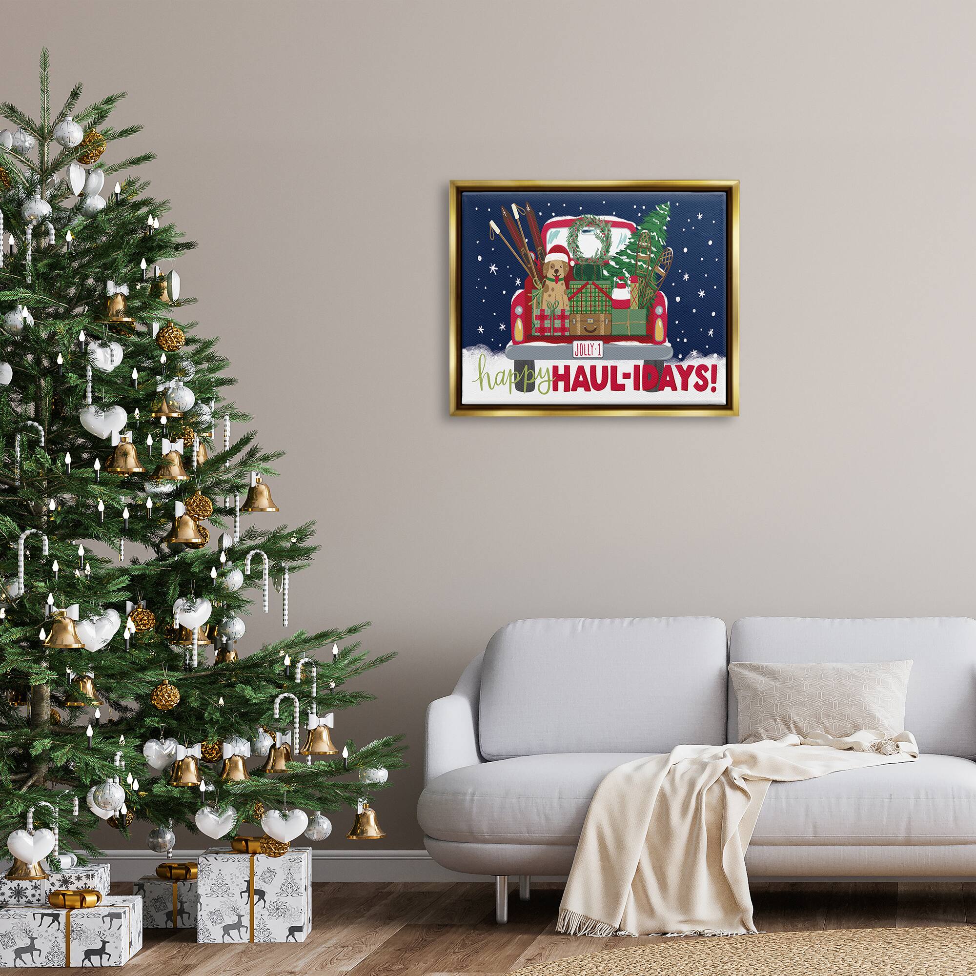 Stupell Industries Happy Haul-idays Christmas Gift Truck Framed Floater Canvas Wall Art