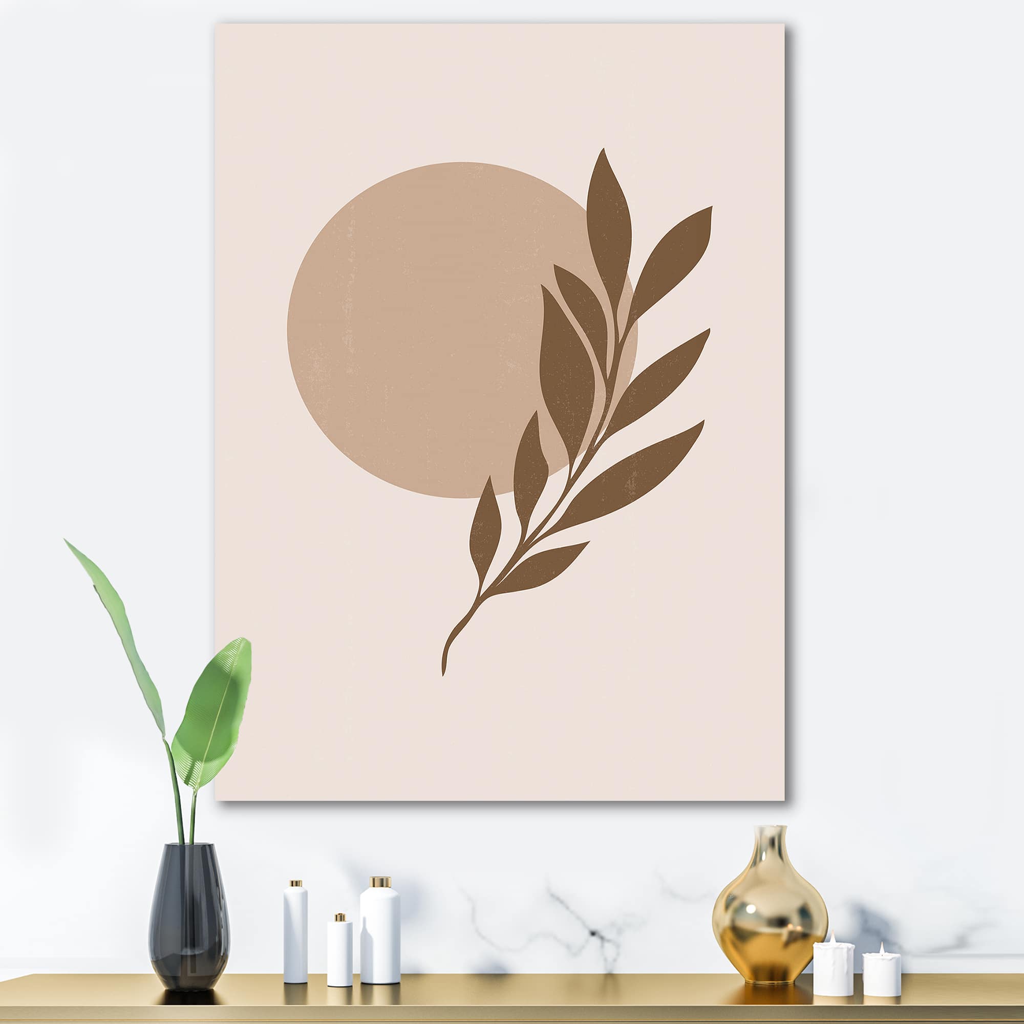 Designart - Abstract Terracotta Sun & Moon With Tropical Leaf - Modern Canvas Wall Art Print